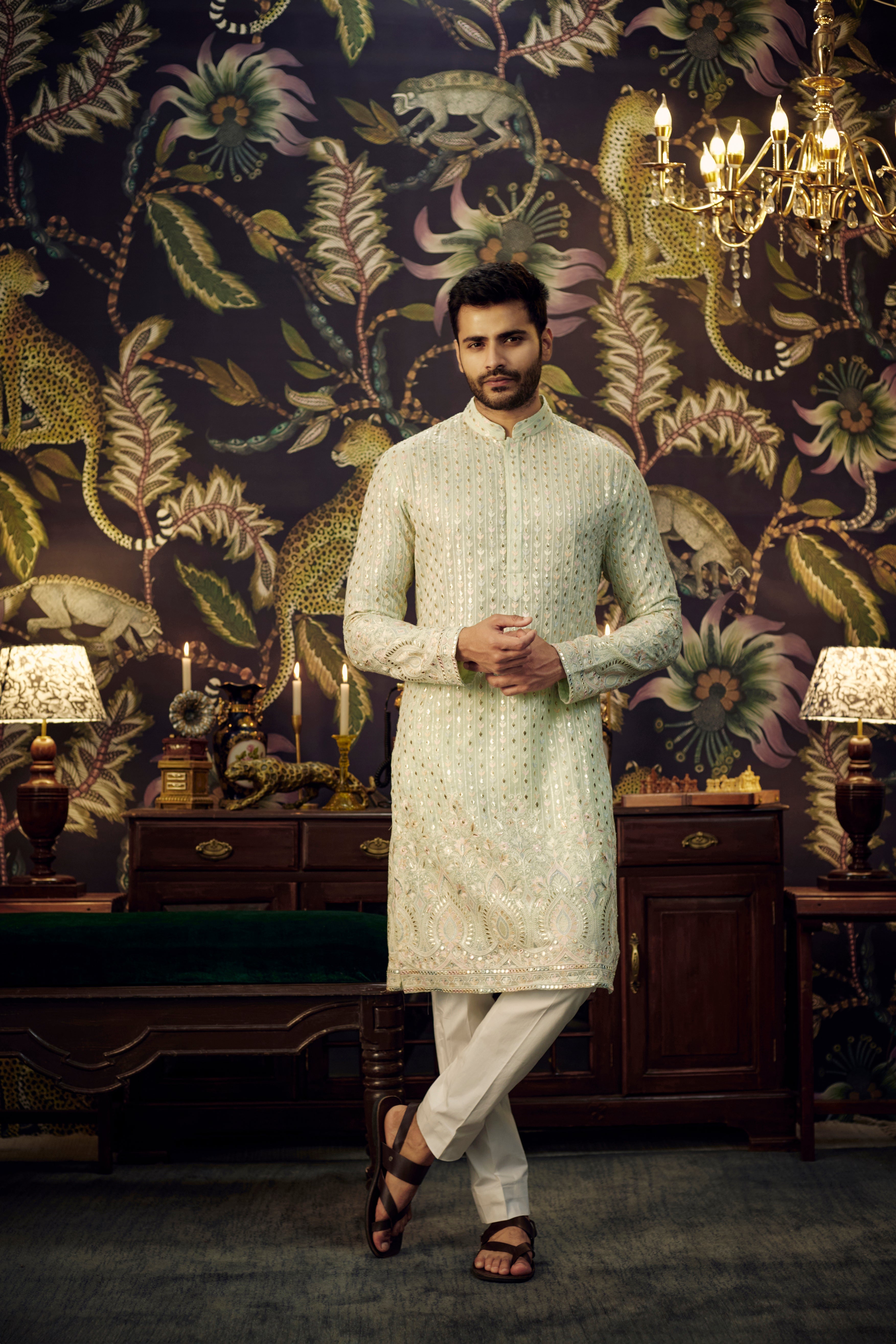 Ice Blue Chikankari Kurta with intricate multi-threadwork and detailed embroidered ghera. - kasbahmen