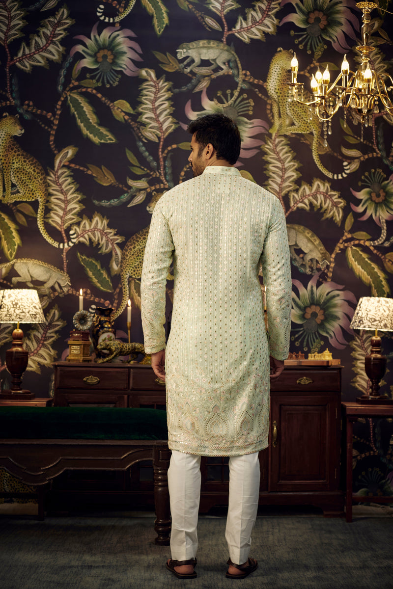 Ice Blue Chikankari Kurta with intricate multi-threadwork and detailed embroidered ghera. - kasbahmen