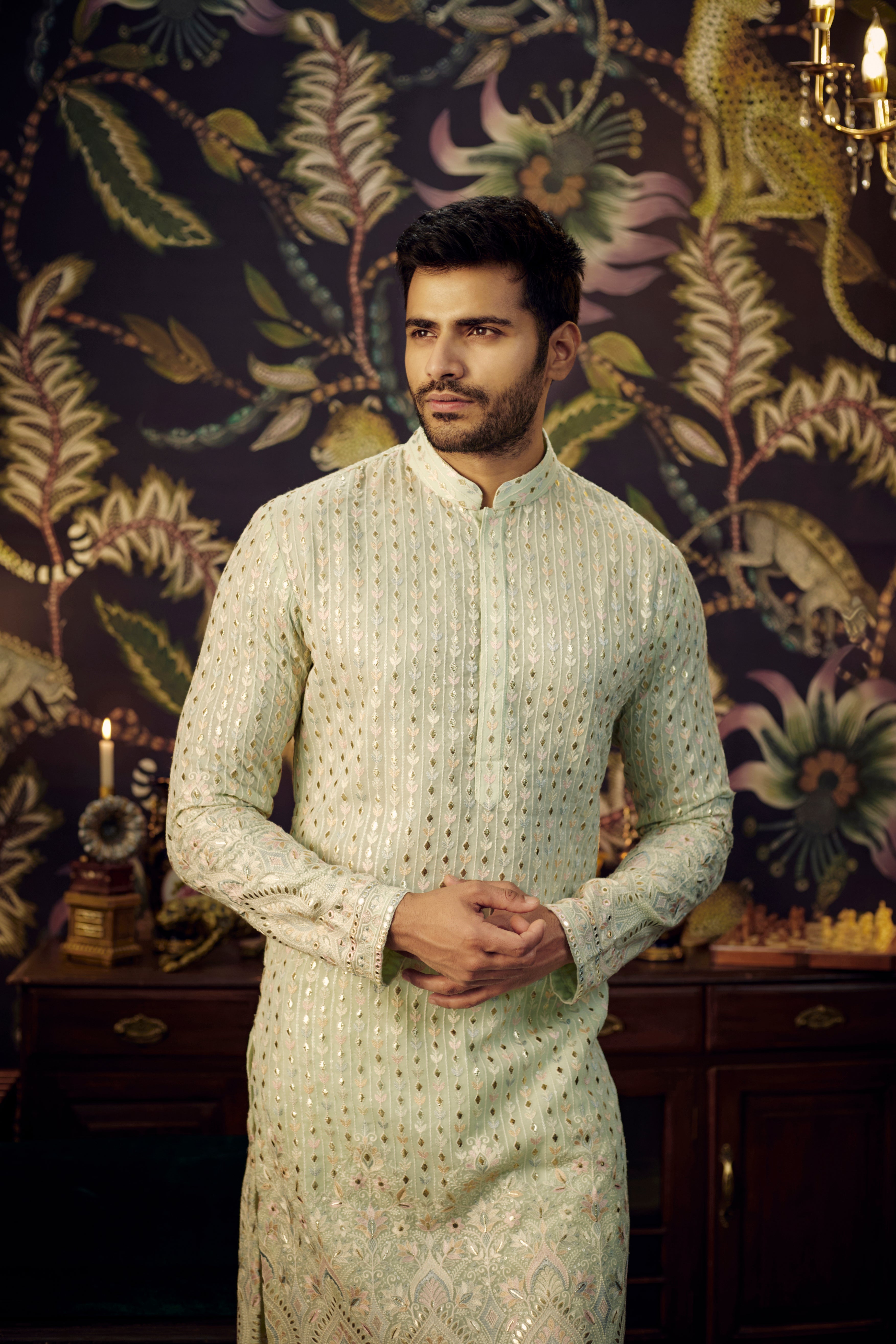 Ice Blue Chikankari Kurta with intricate multi-threadwork and detailed embroidered ghera. - kasbahmen