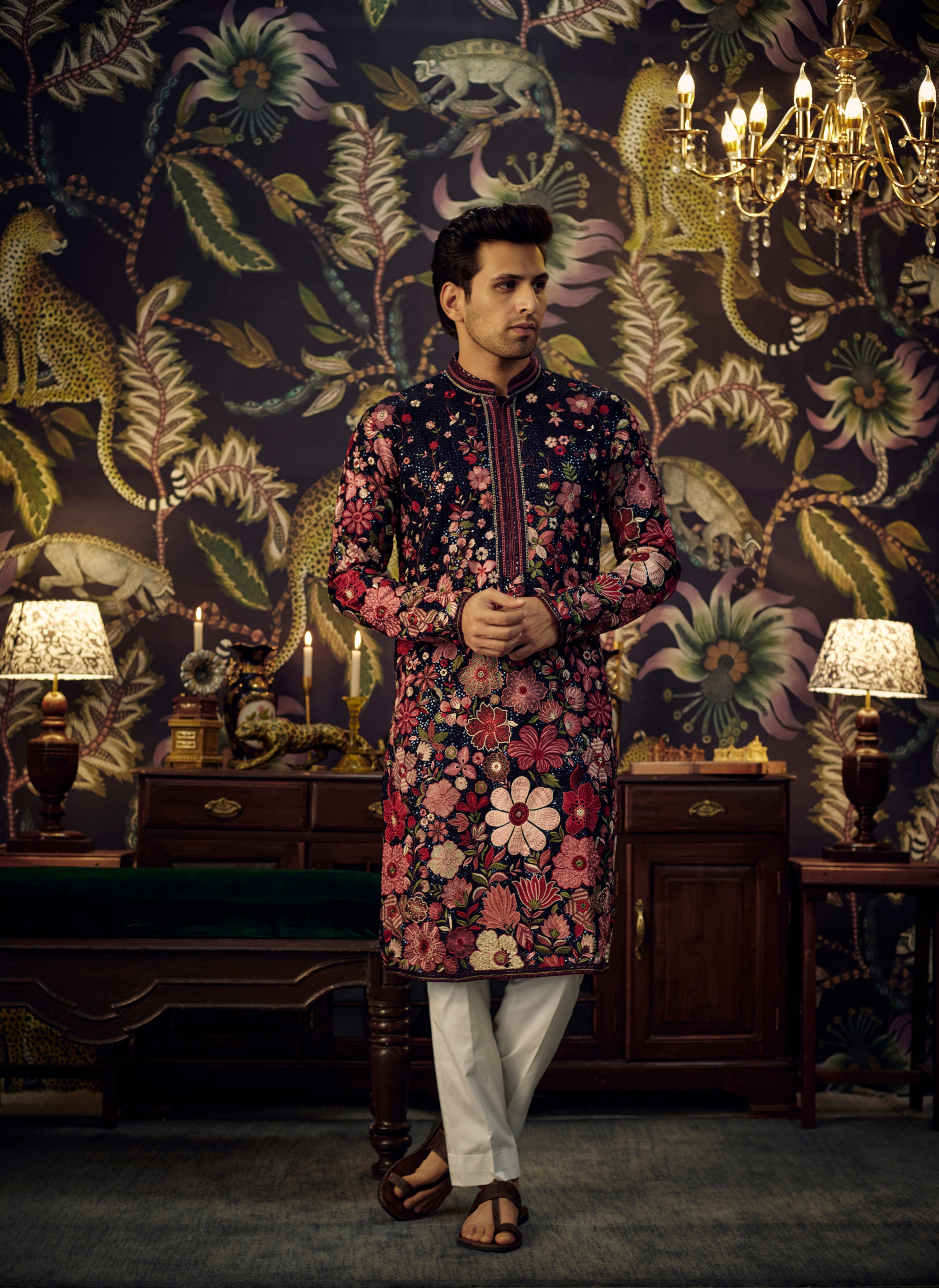 Navy Blue heavily embroidered floral kurta. - kasbahmen