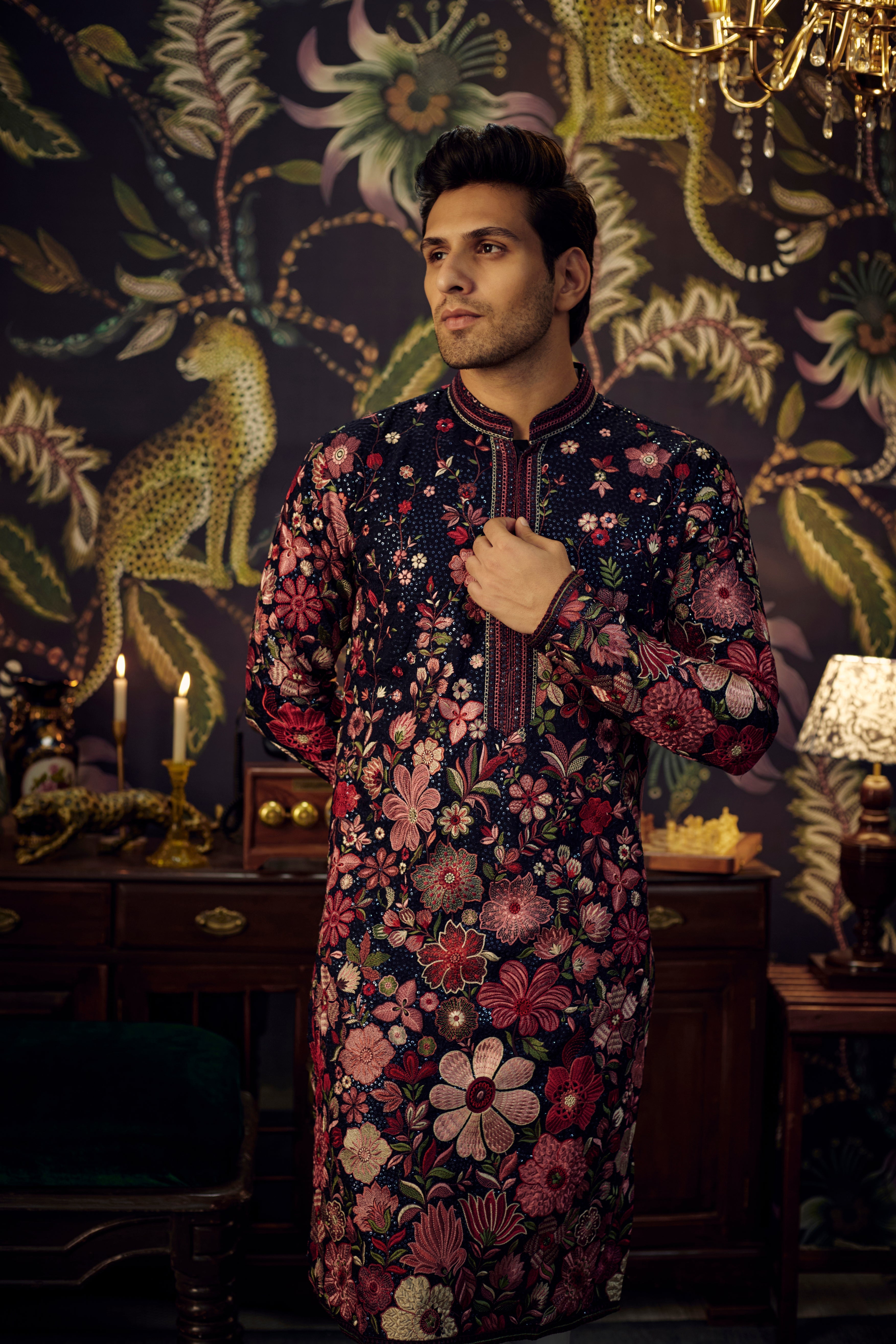 Navy Blue heavily embroidered floral kurta. - kasbahmen