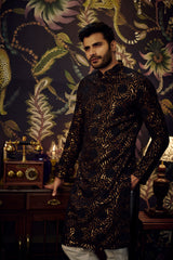 Black kurta with intricate thread and golden sequin embroidery - kasbahmen