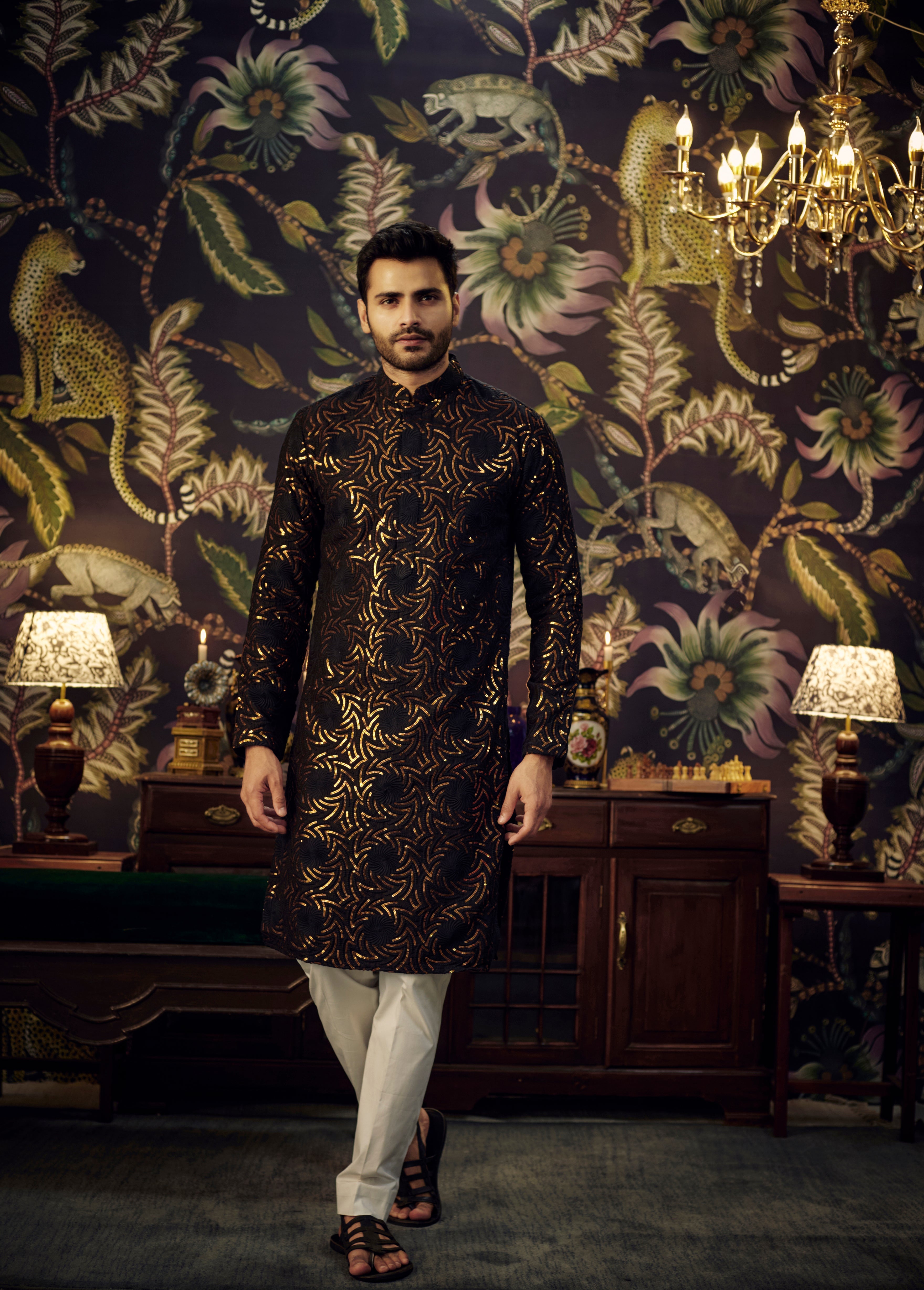 Black kurta with intricate thread and golden sequin embroidery - kasbahmen