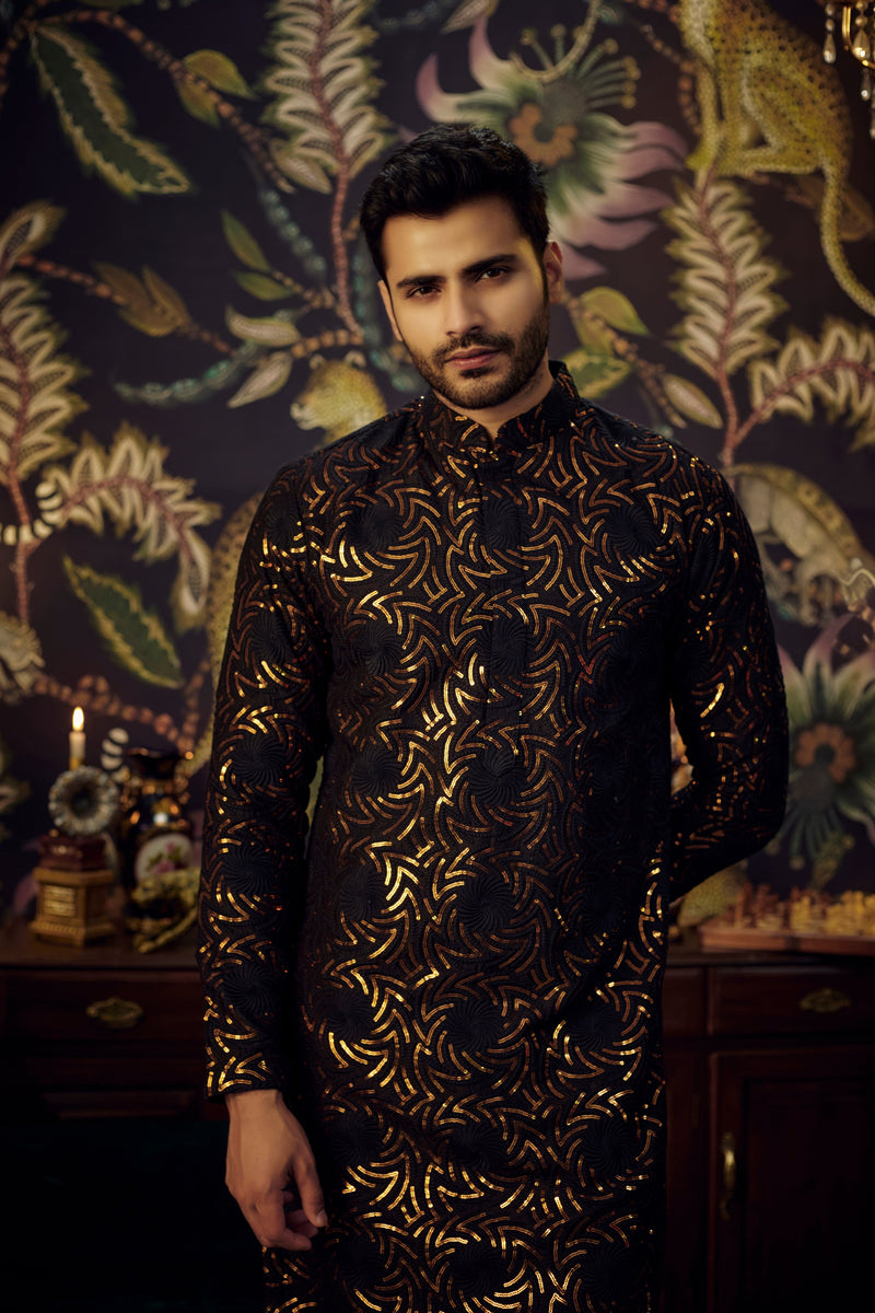 Black kurta with intricate thread and golden sequin embroidery - kasbahmen