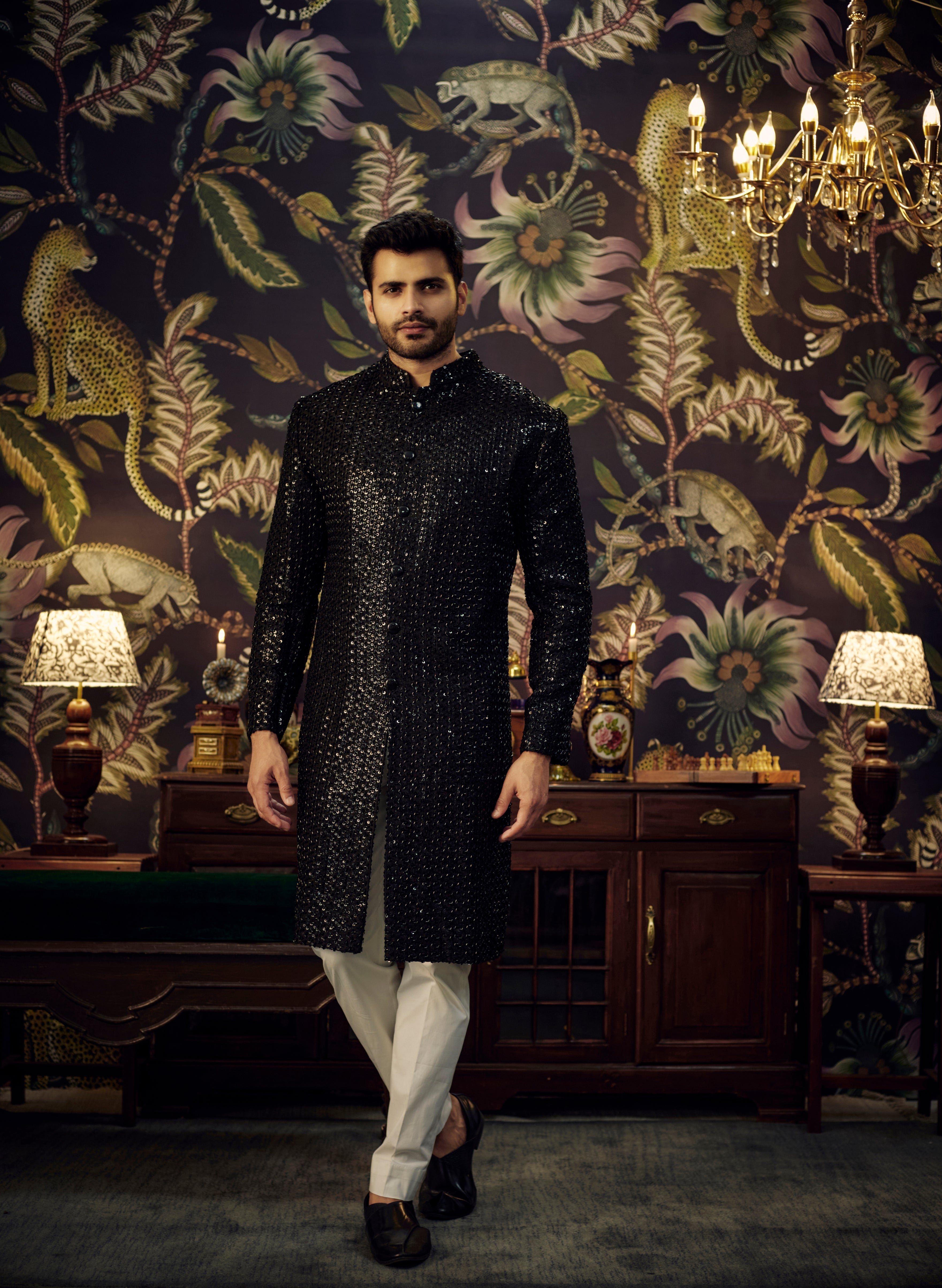 Black cut-dana long Indowestern Sherwani - kasbahmen