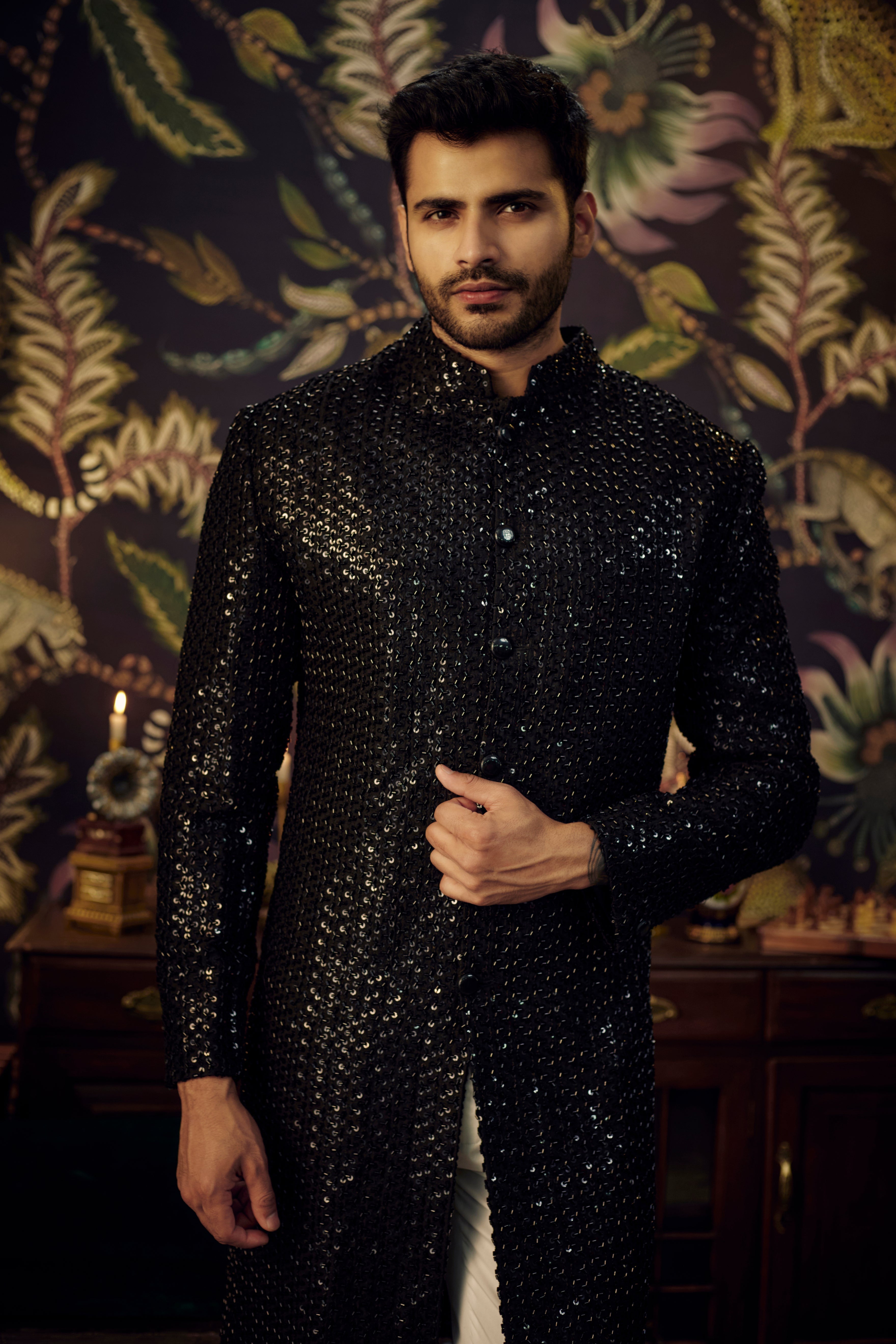 Black cut-dana long Indowestern Sherwani - kasbahmen