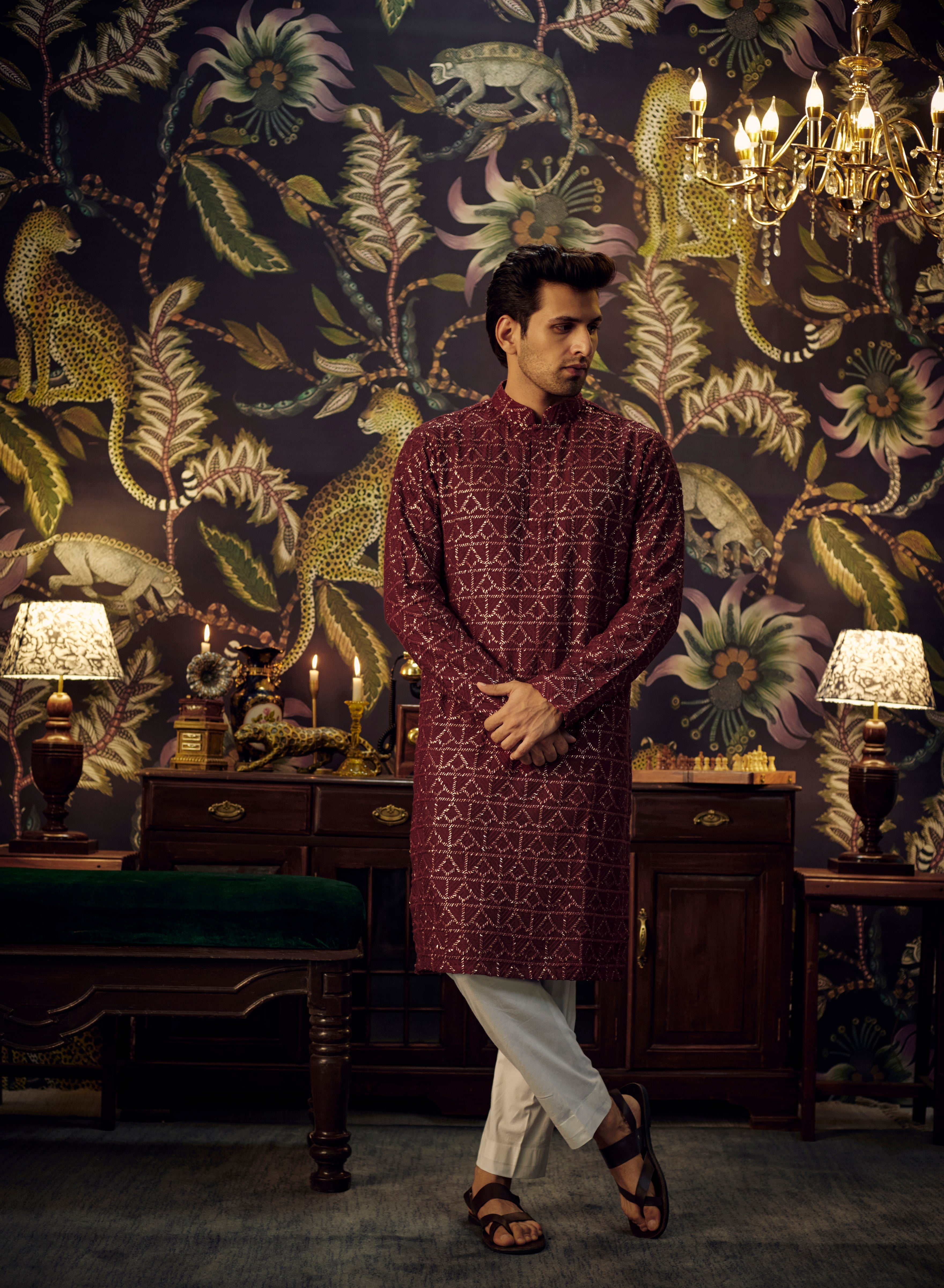 Maroon Chikankari Kurta with detailed tone-to-tone threadwork and sequin embroidery - kasbahmen