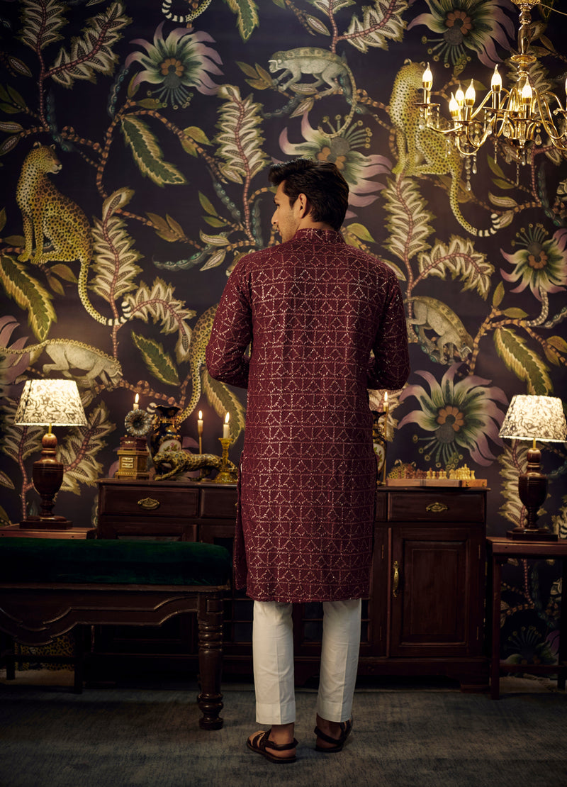 Maroon Chikankari Kurta with detailed tone-to-tone threadwork and sequin embroidery - kasbahmen