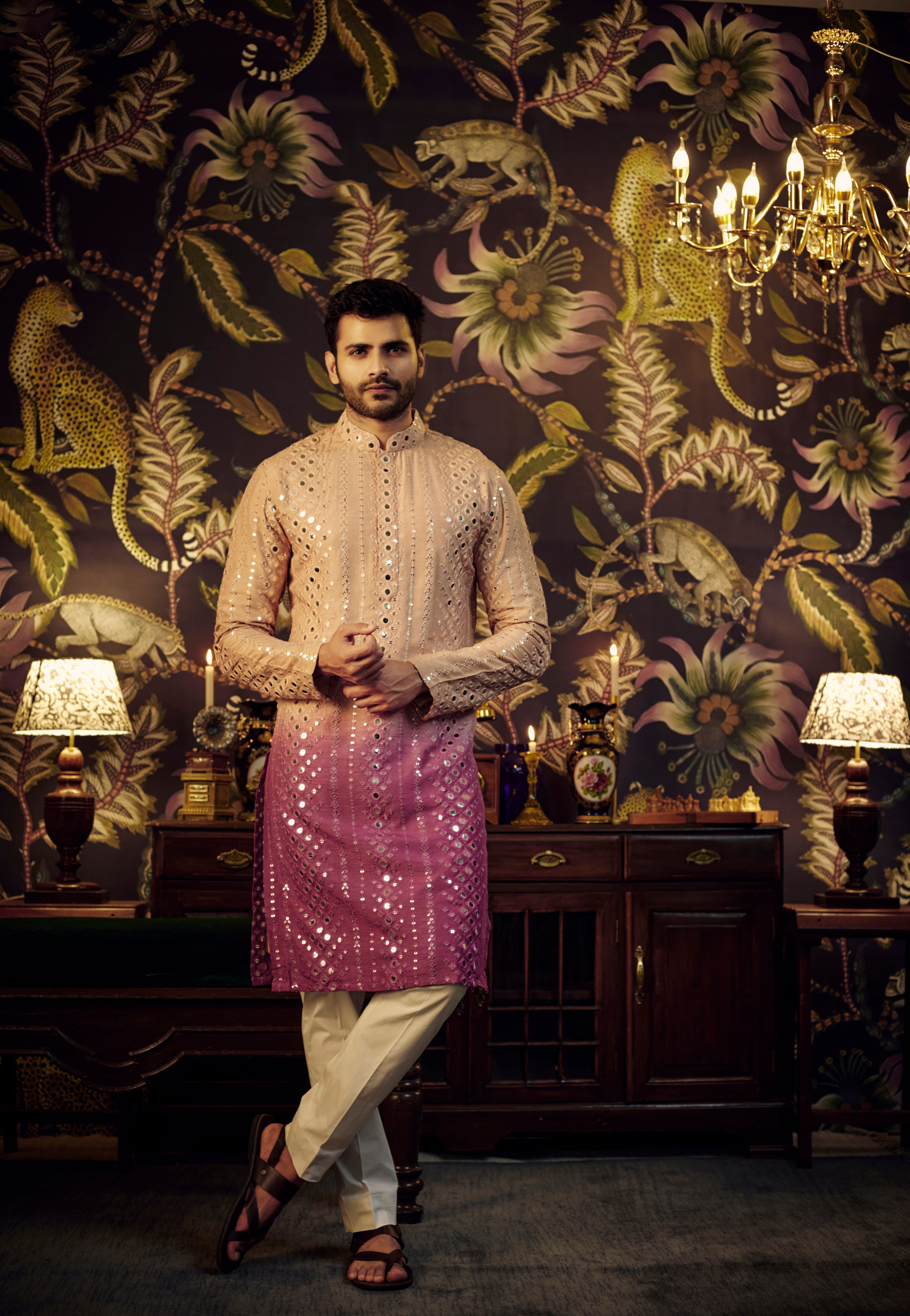 Nude-Sage mauve Ombre Mirror-work Kurta - kasbahmen