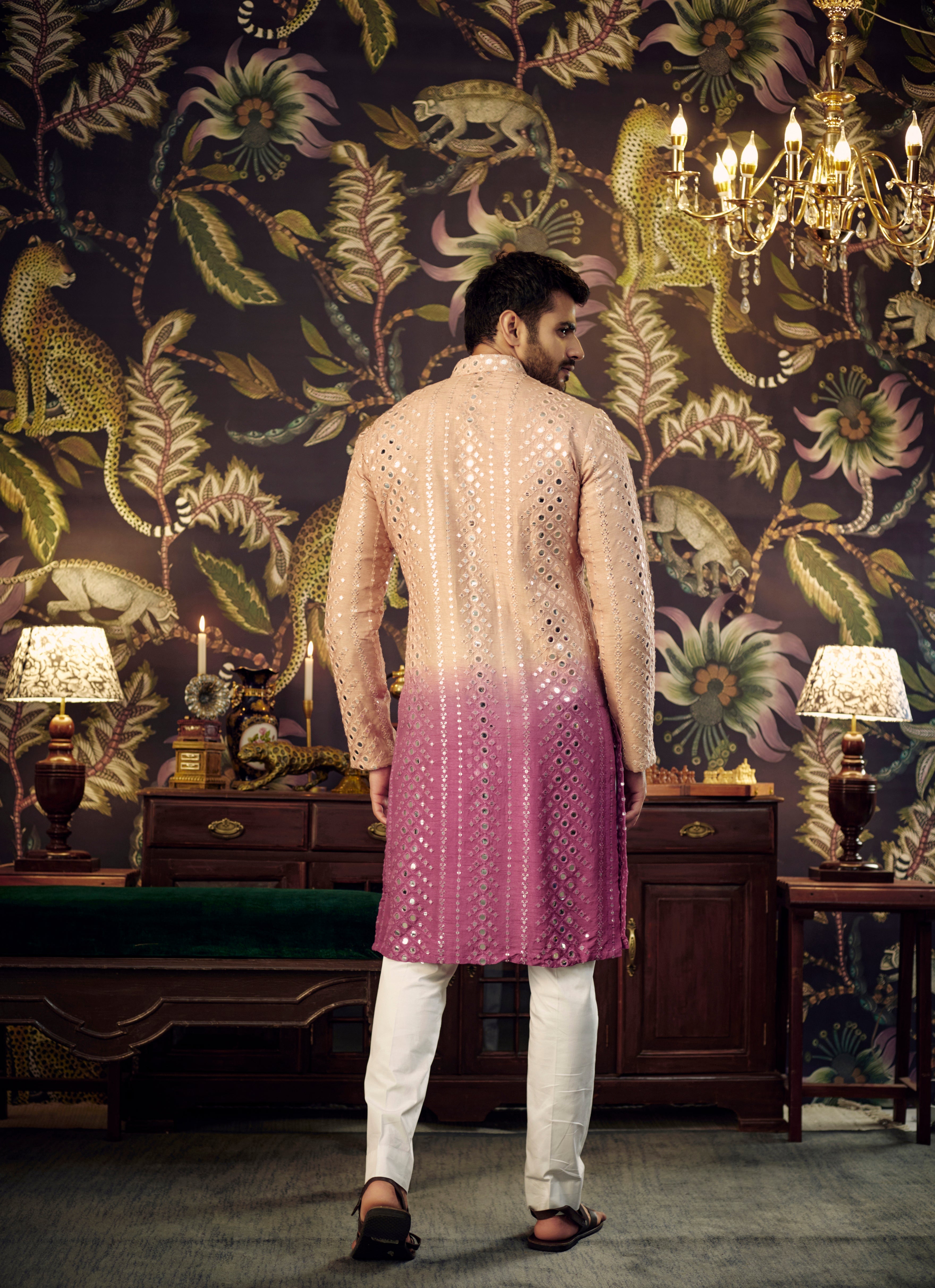 Nude-Sage mauve Ombre Mirror-work Kurta - kasbahmen