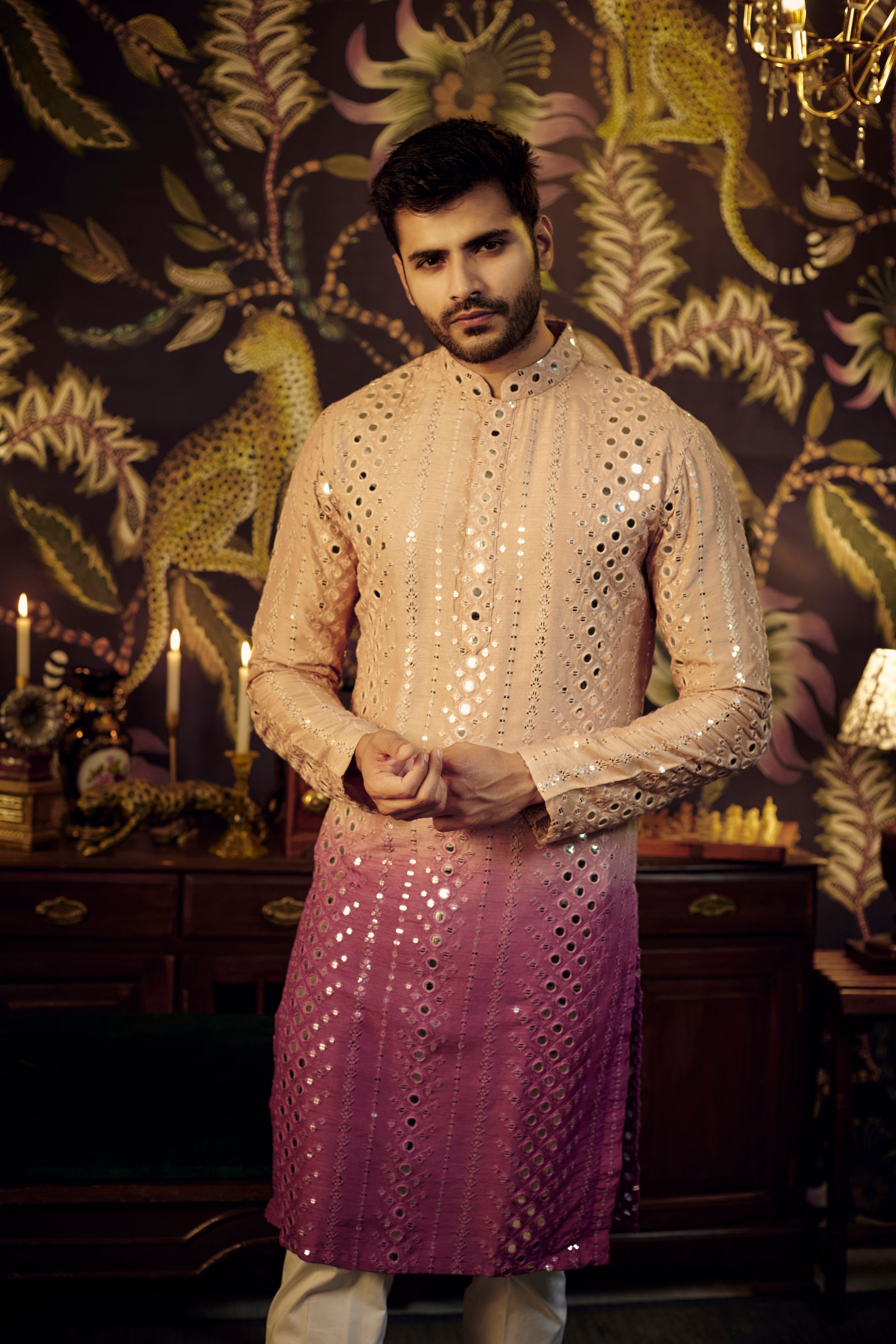 Nude-Sage mauve Ombre Mirror-work Kurta - kasbahmen