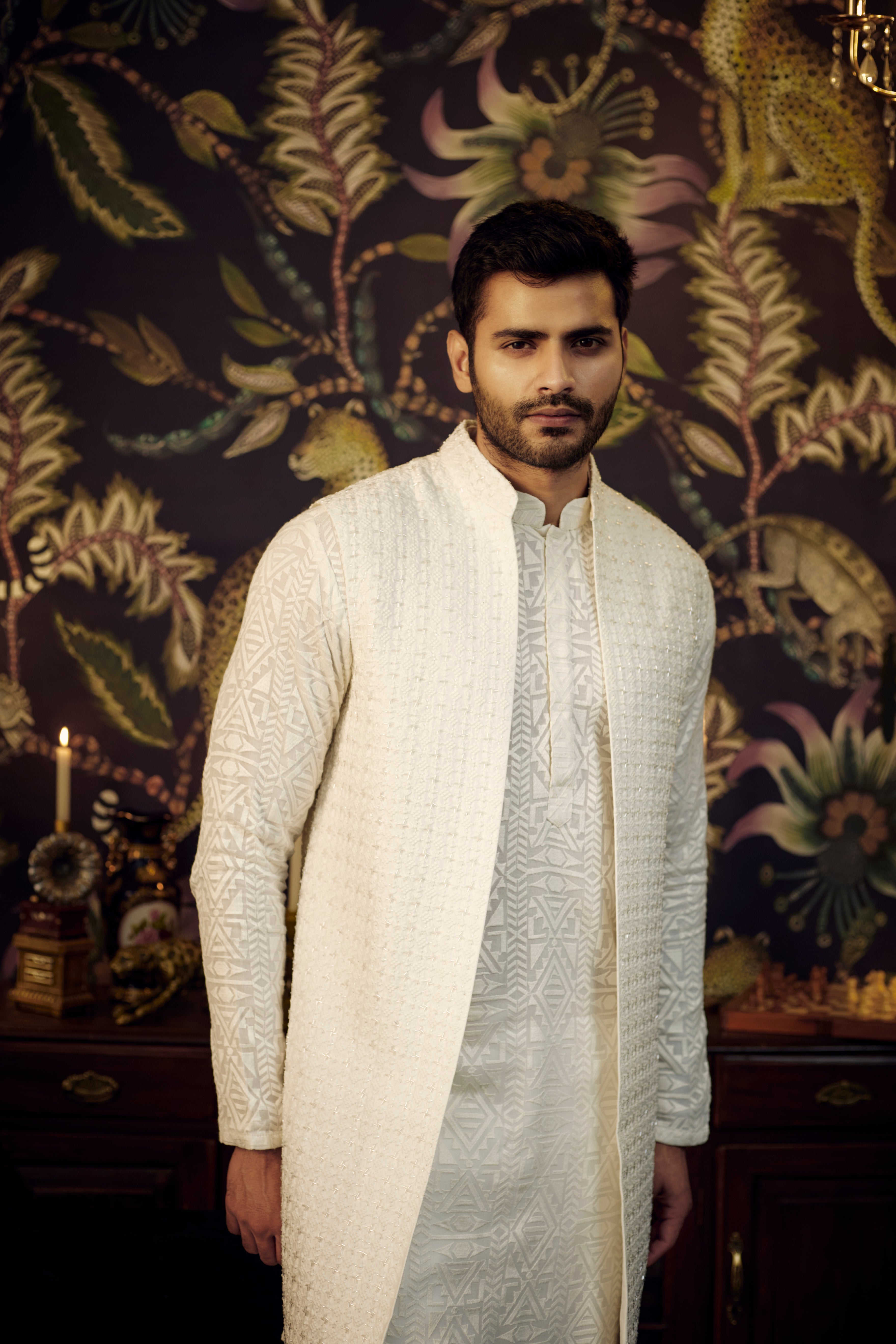 White open front long jacket with intricate cut-dana work. - kasbahmen