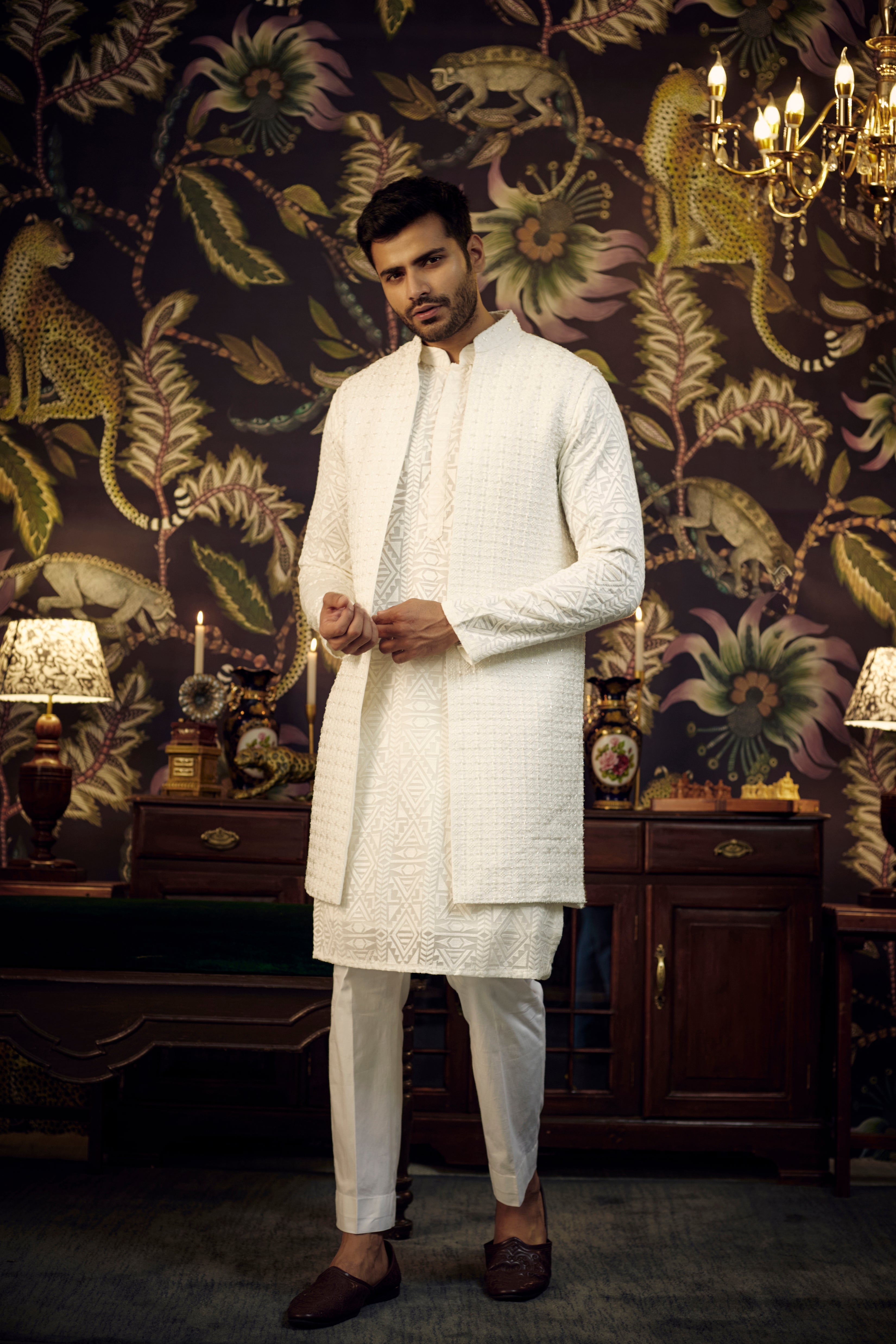 White open front long jacket with intricate cut-dana work. - kasbahmen