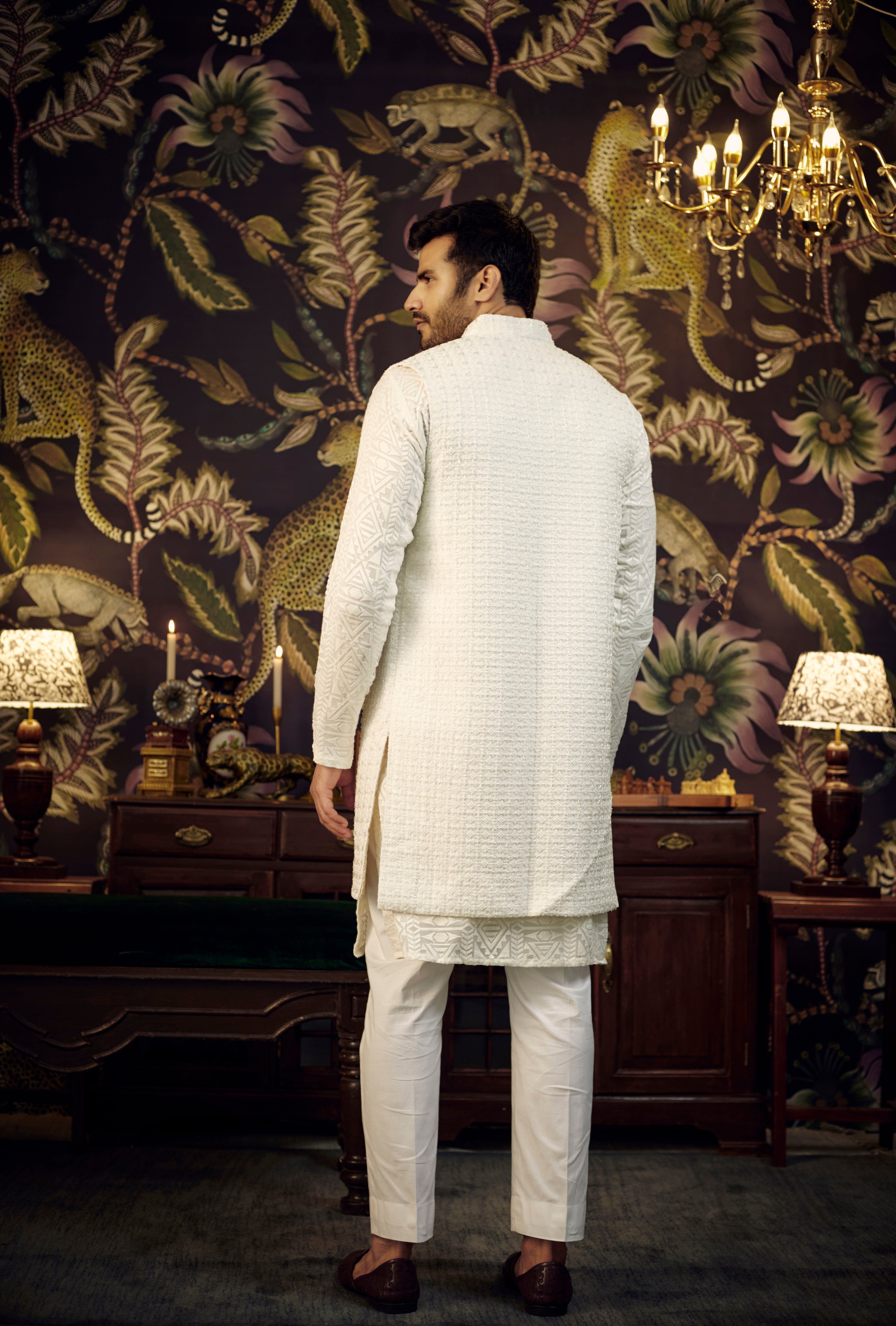 White open front long jacket with intricate cut-dana work. - kasbahmen