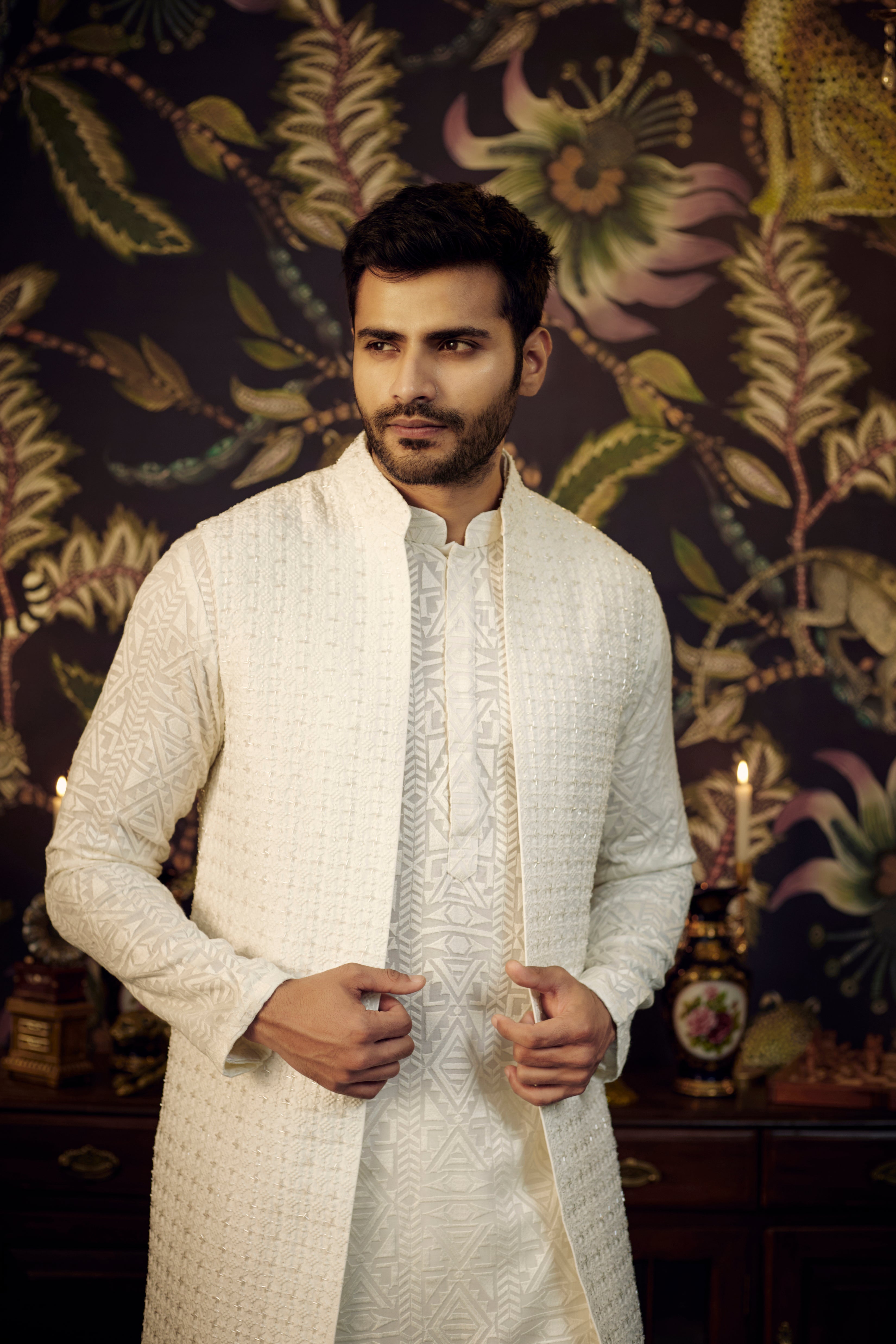 White open front long jacket with intricate cut-dana work. - kasbahmen