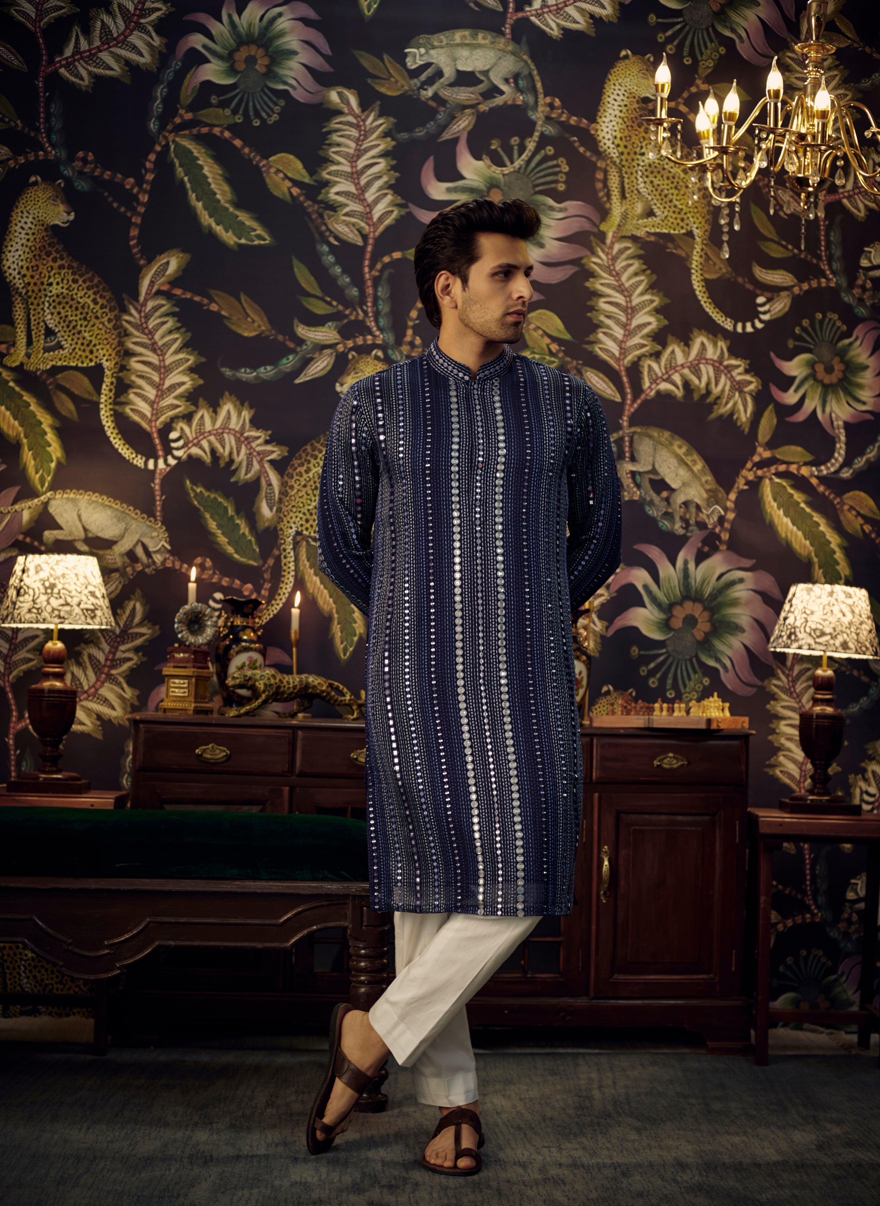 Regal Midnight Blue Mirror-work kurta - kasbahmen