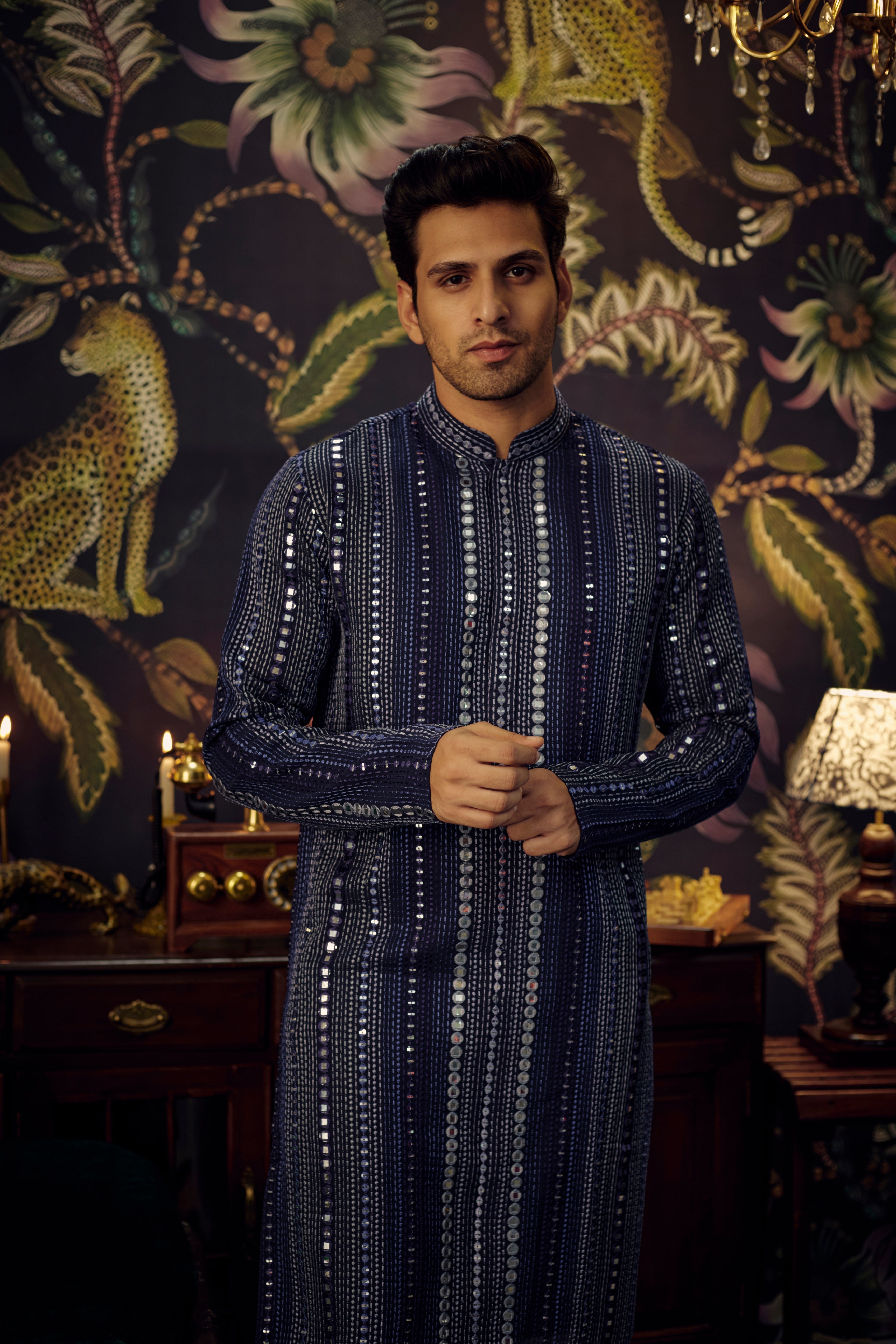 Regal Midnight Blue Mirror-work kurta - kasbahmen