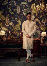 Powder Pink Chikankari Kurta with intricate multi-threadwork and detailed embroidered ghera. - kasbahmen