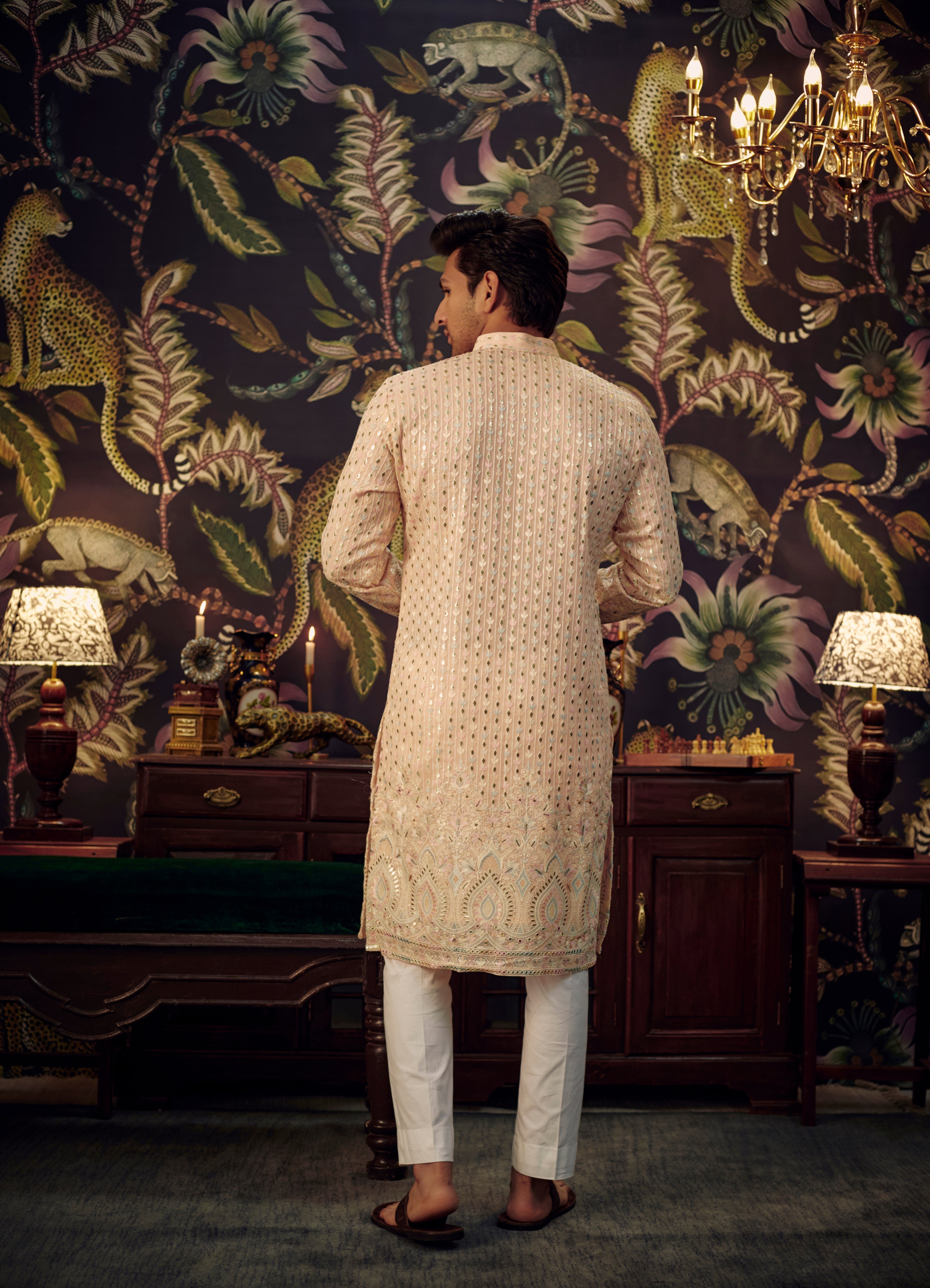 Powder Pink Chikankari Kurta with intricate multi-threadwork and detailed embroidered ghera. - kasbahmen