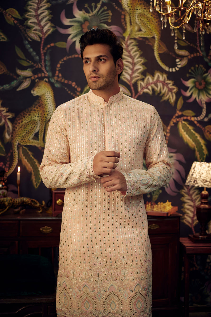 Powder Pink Chikankari Kurta with intricate multi-threadwork and detailed embroidered ghera. - kasbahmen