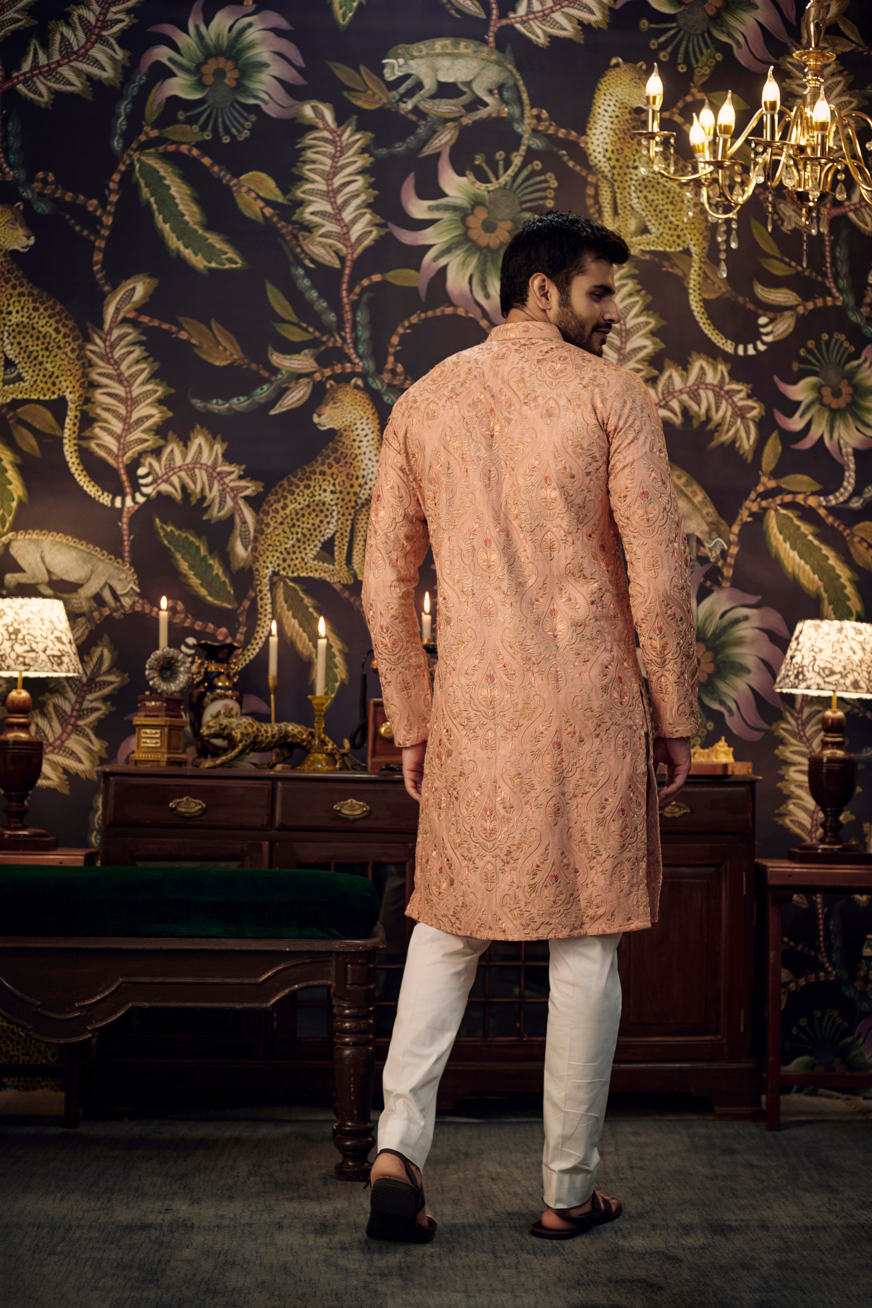 Peach Kashmiri Embroidered kurta with intricate multi-threadwork - kasbahmen