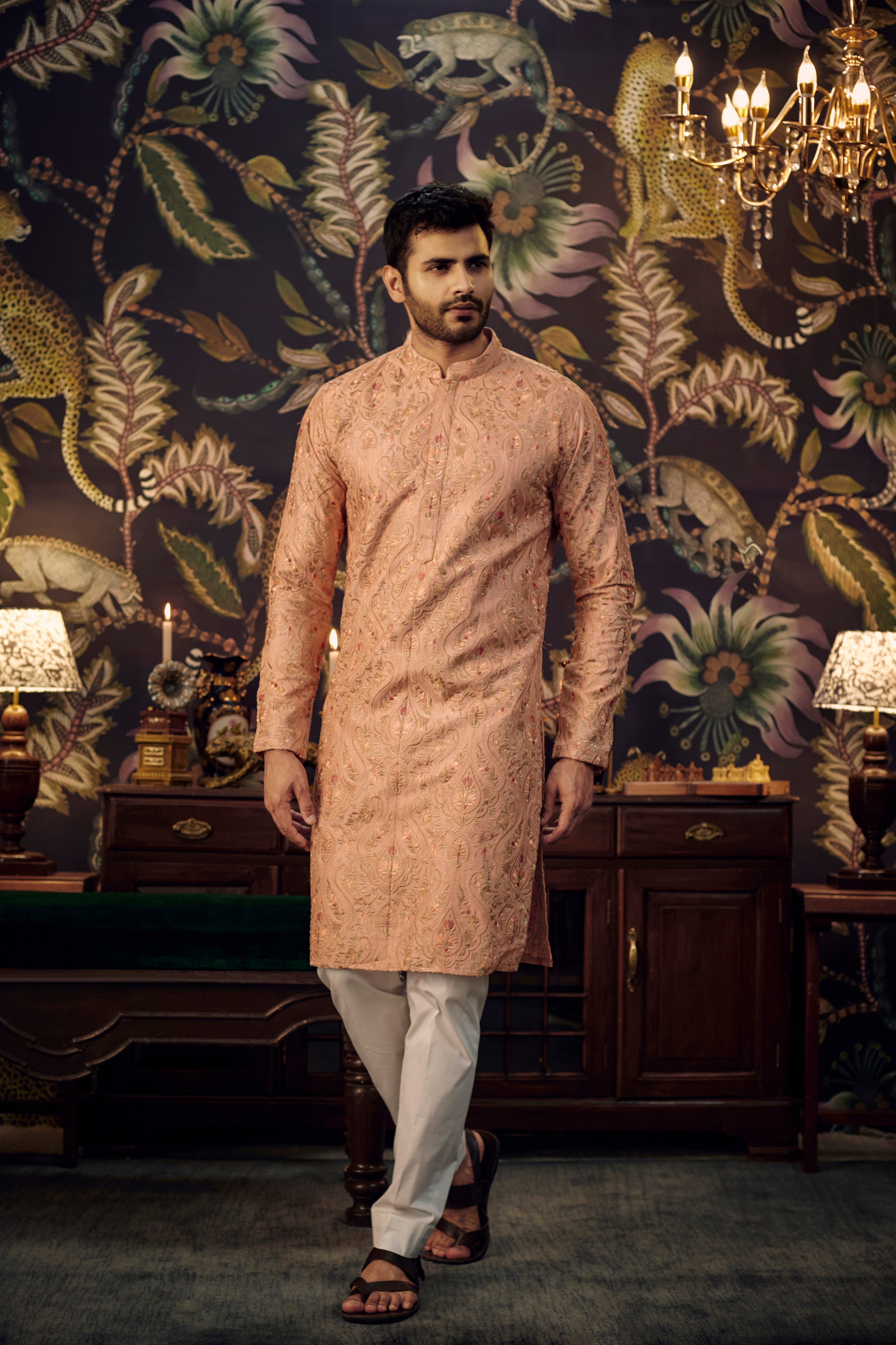 Peach Kashmiri Embroidered kurta with intricate multi-threadwork - kasbahmen