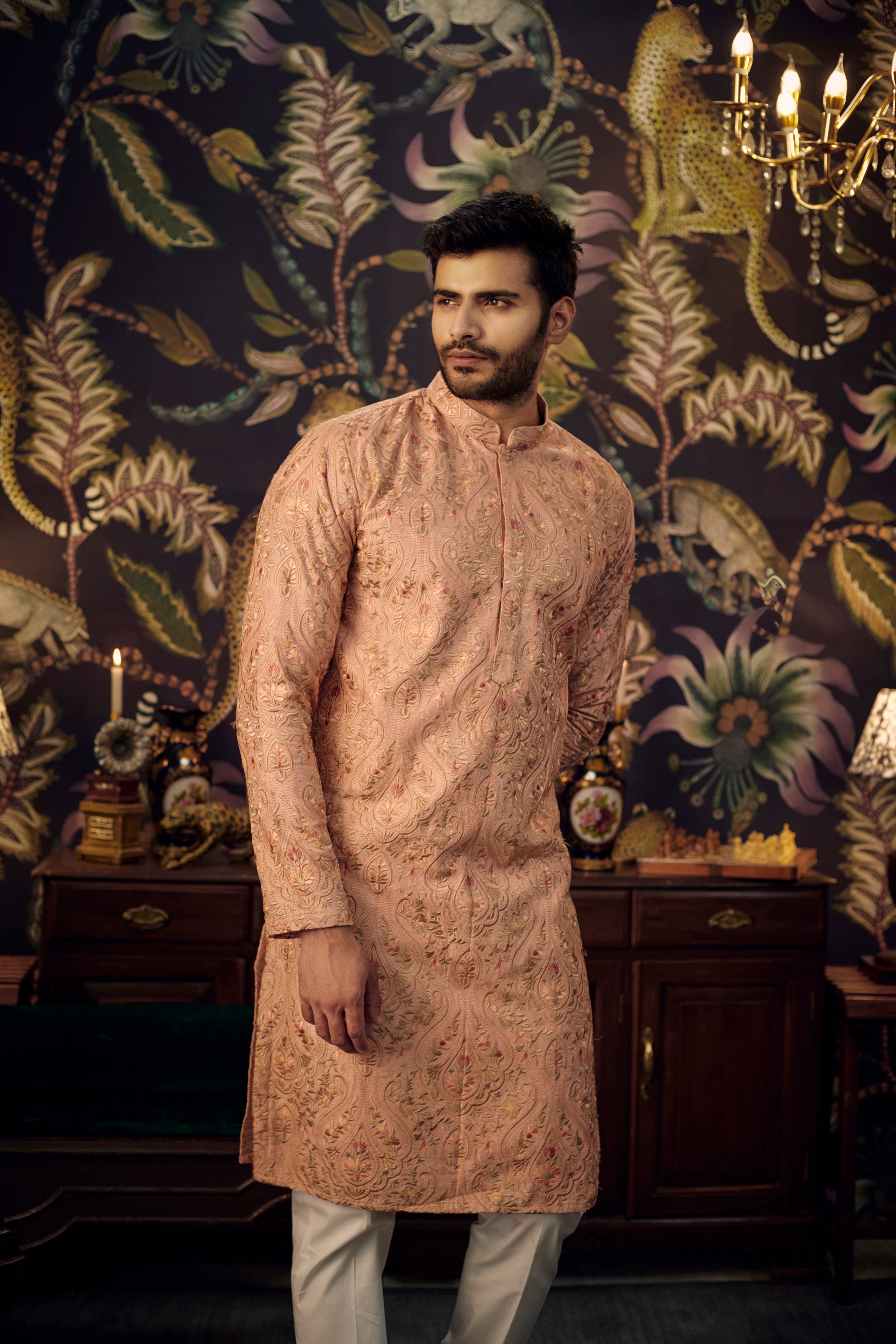 Peach Kashmiri Embroidered kurta with intricate multi-threadwork - kasbahmen