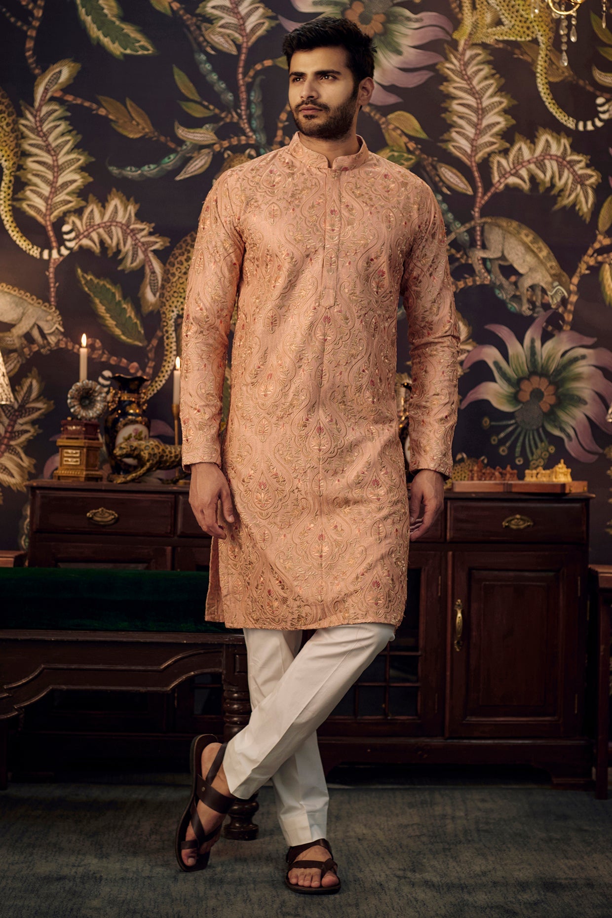 Peach Kashmiri Embroidered kurta with intricate multi-threadwork - kasbahmen