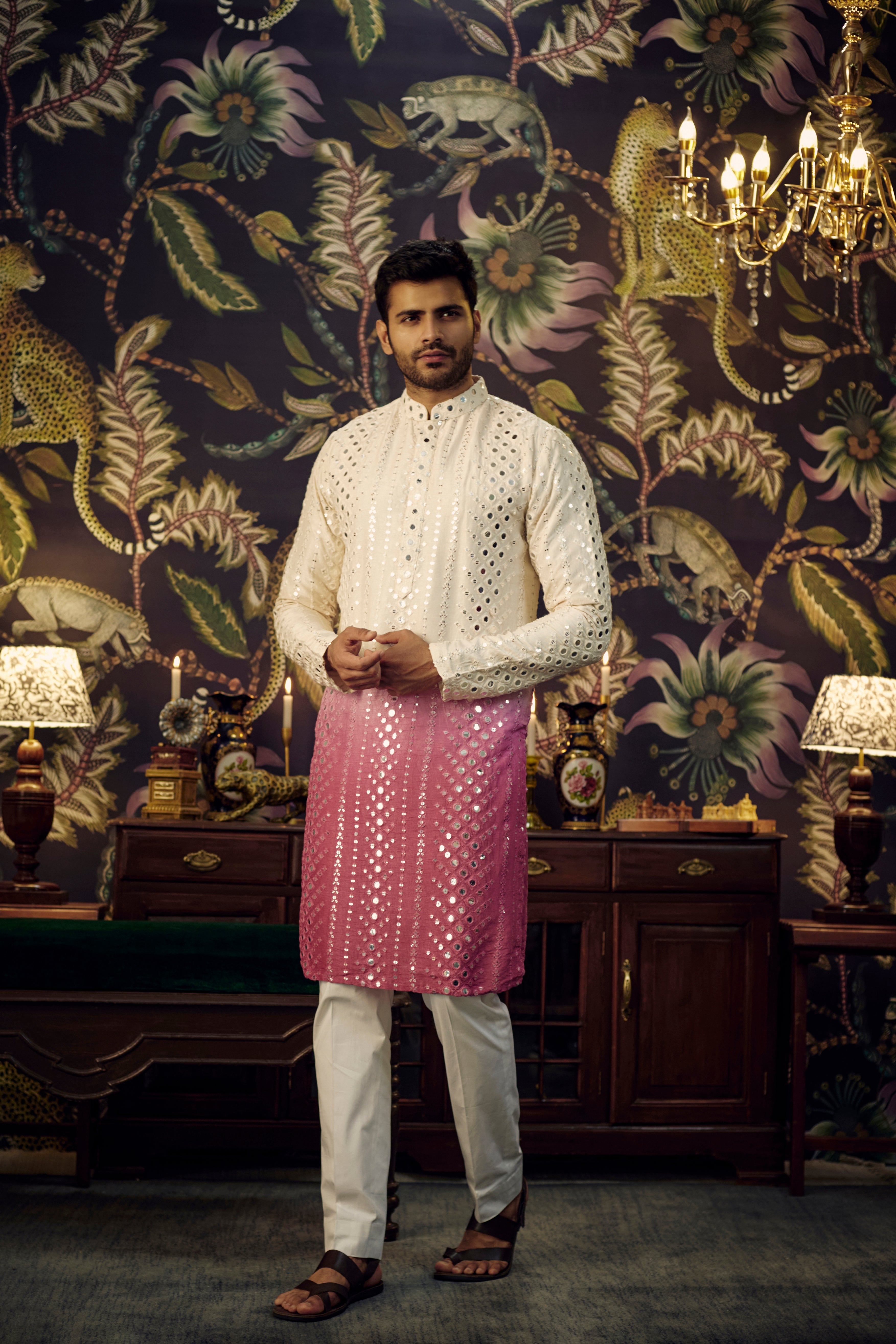 Cream-fuchsia Ombre Mirror-work Kurta - kasbahmen