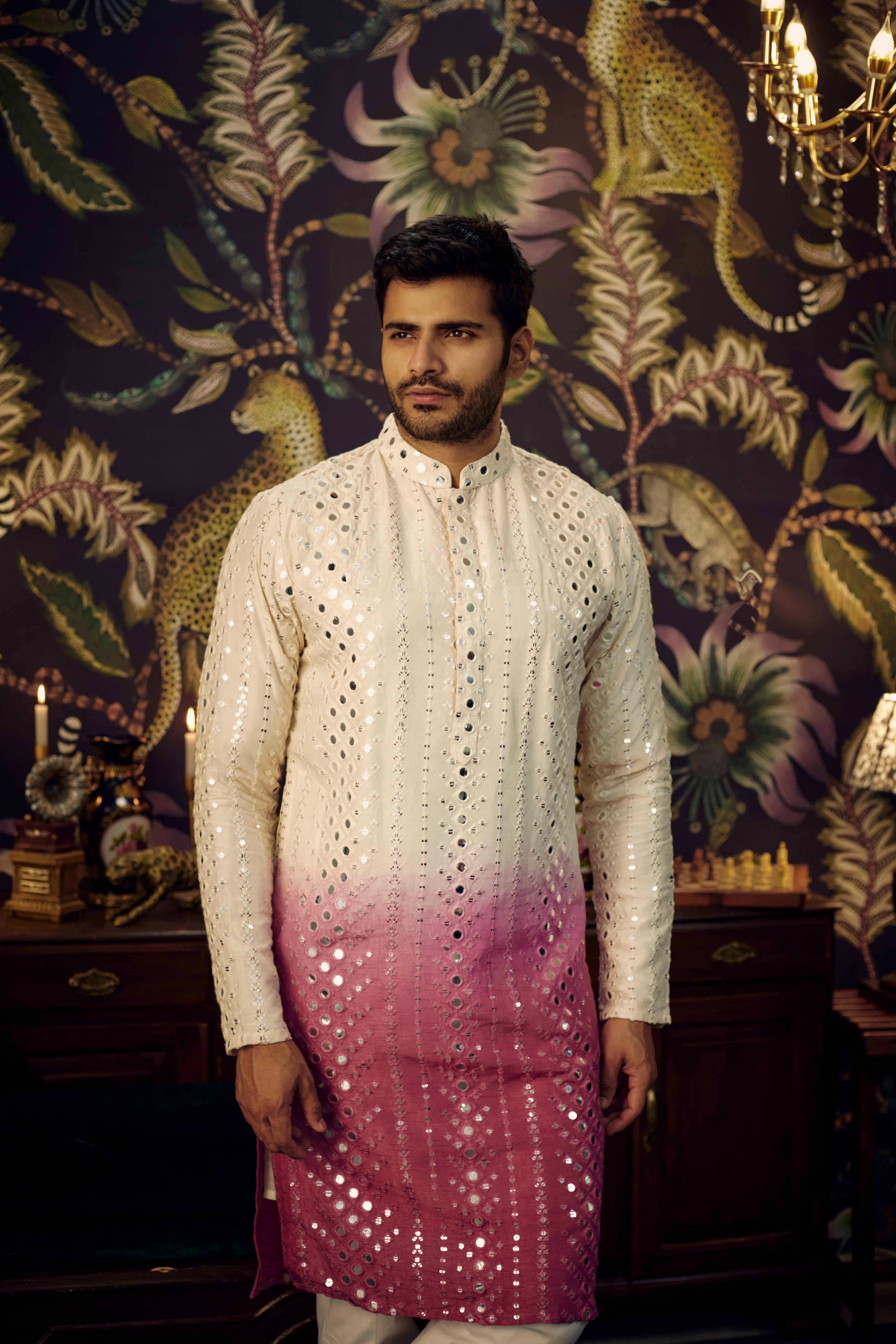 Cream-fuchsia Ombre Mirror-work Kurta - kasbahmen