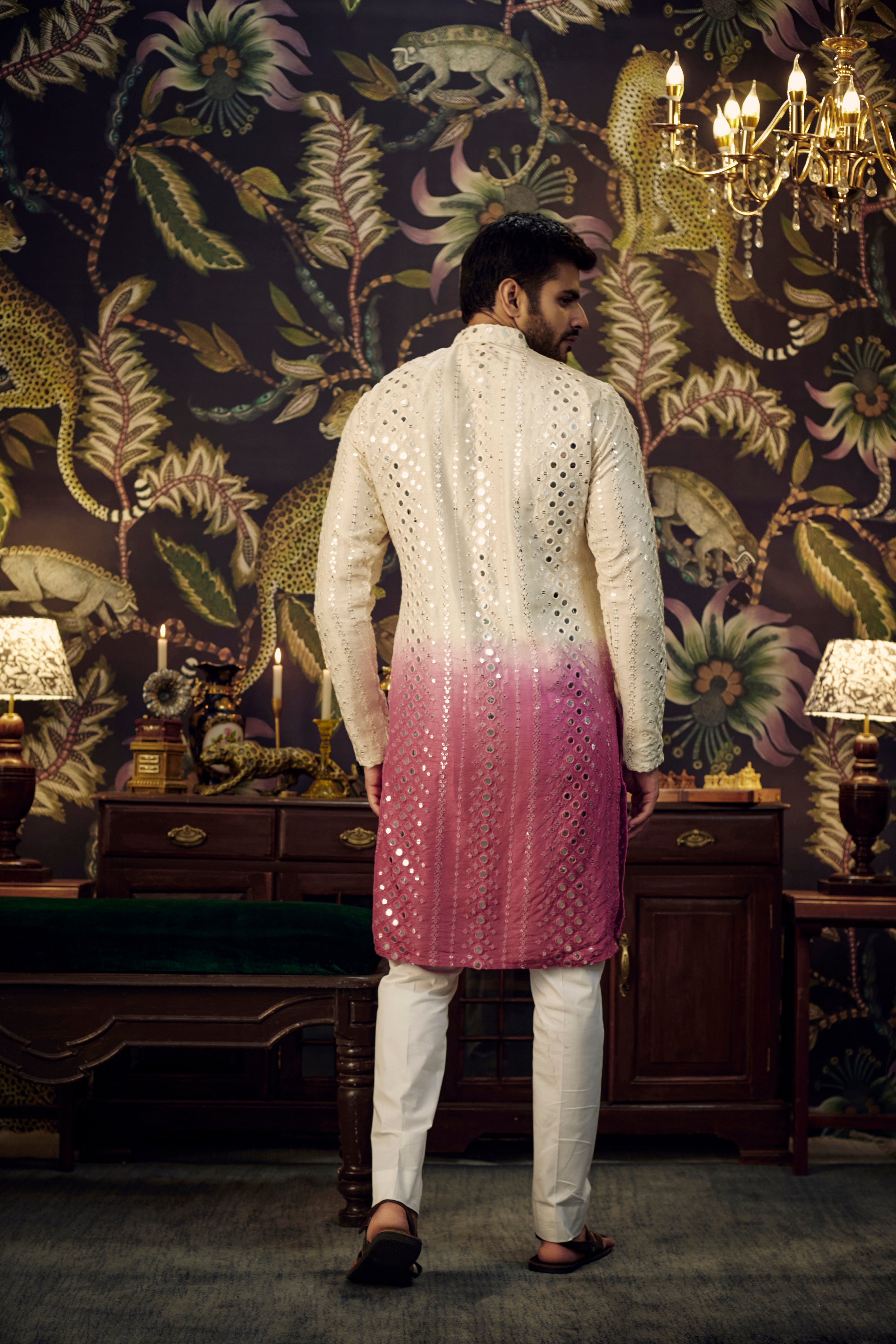 Cream-fuchsia Ombre Mirror-work Kurta - kasbahmen