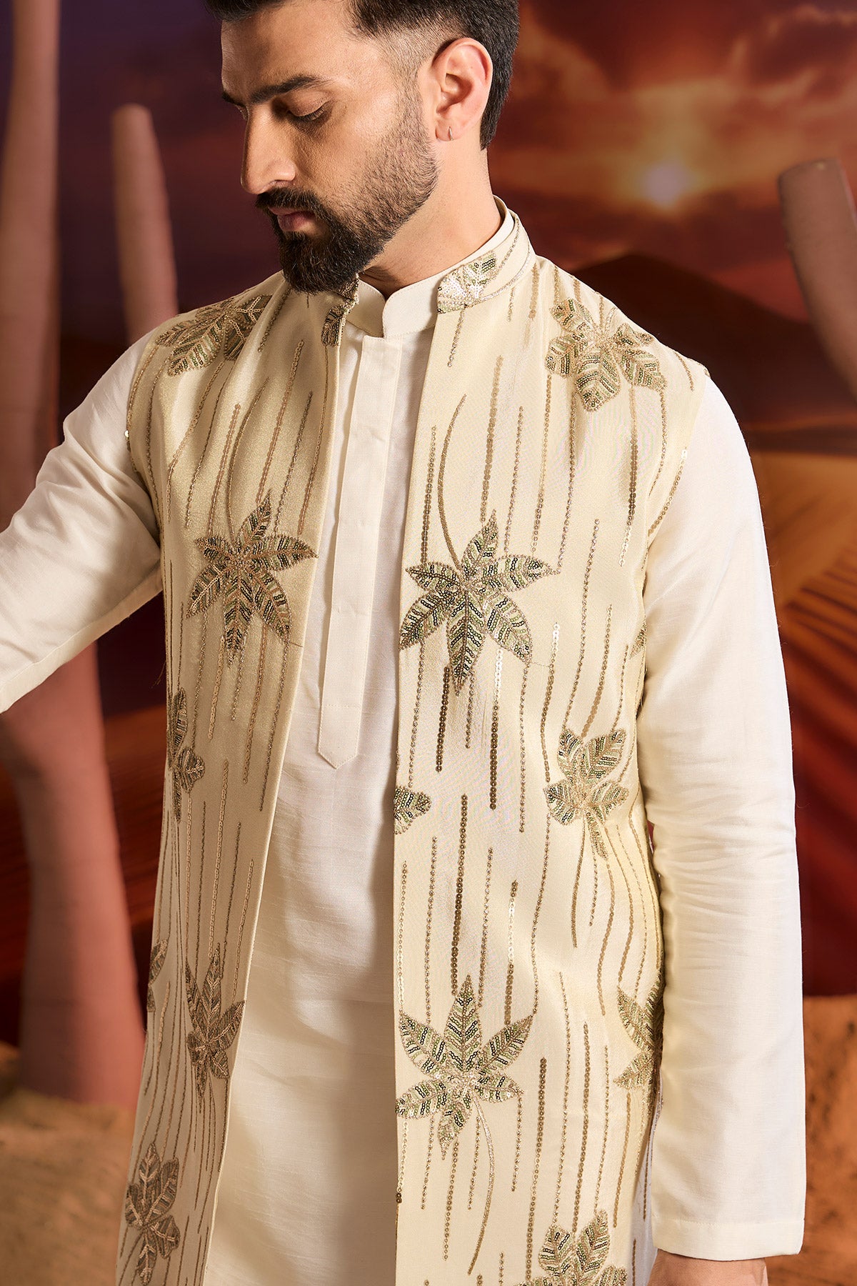 Golden Long Open Shrug With Floral Embrodiery