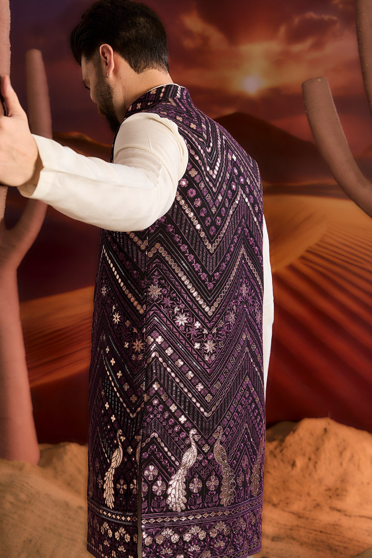 Purple Long Open Shrug With Intrcate Leather Patchwork