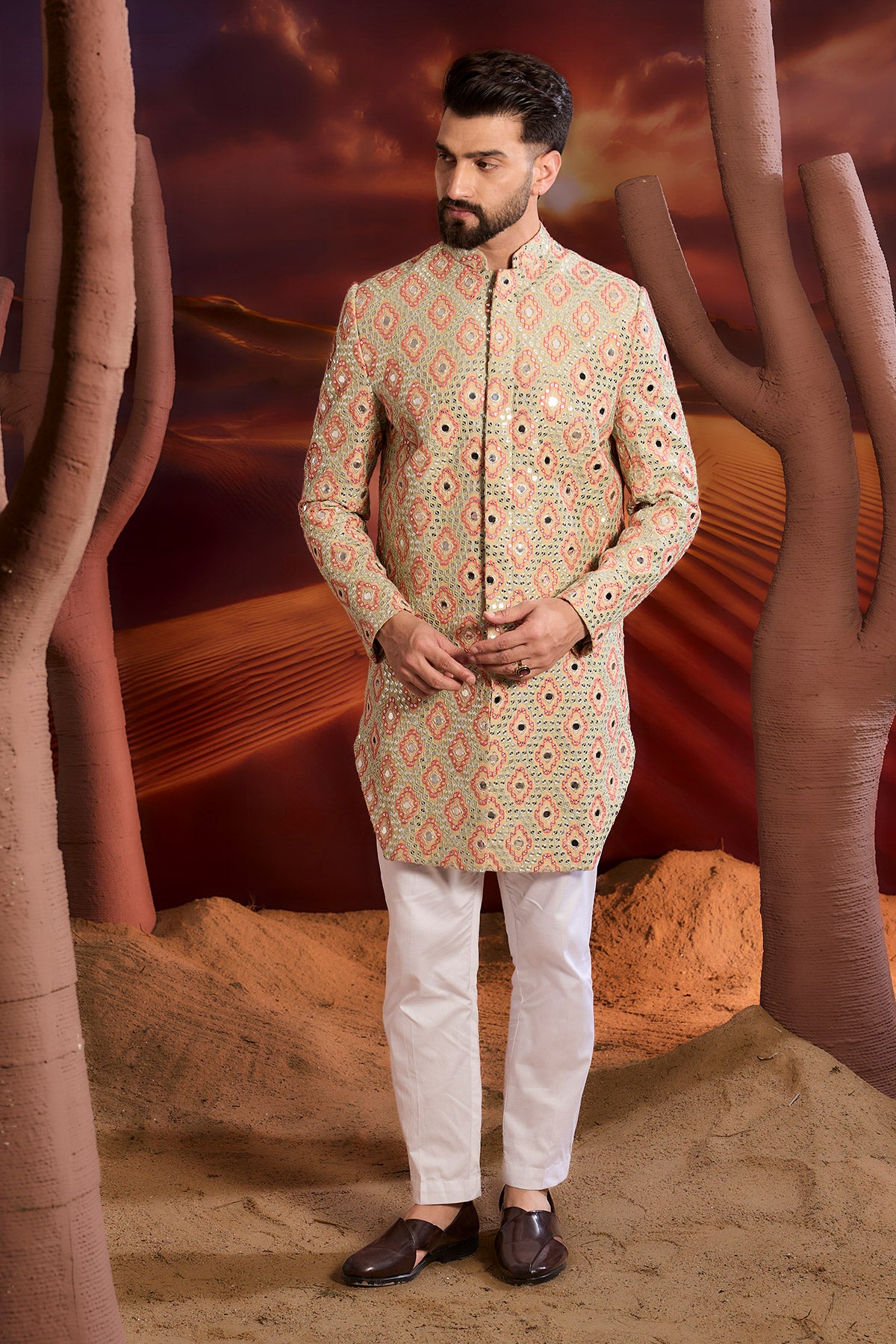 Cream Mirror Work Royal Cut Indowestern