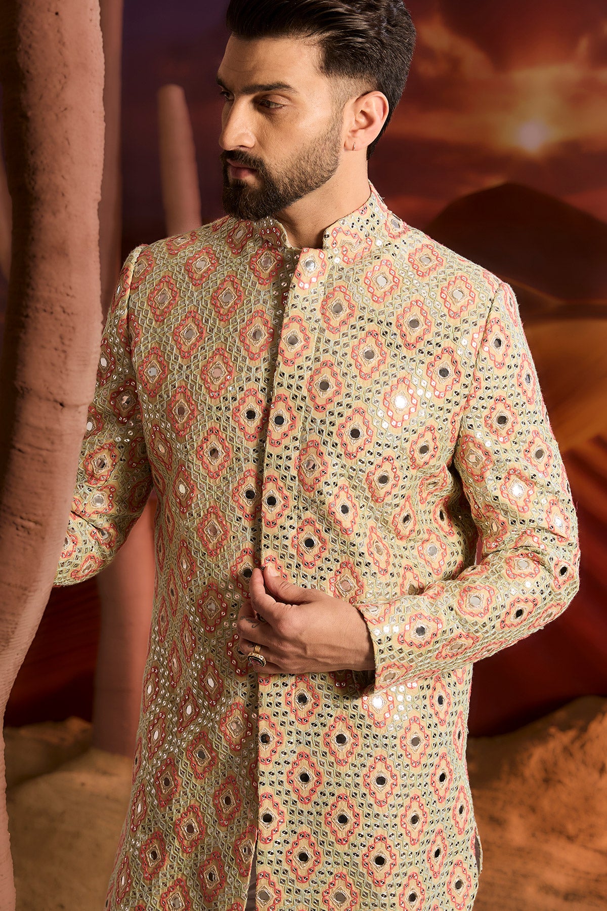 Cream Mirror Work Royal Cut Indowestern