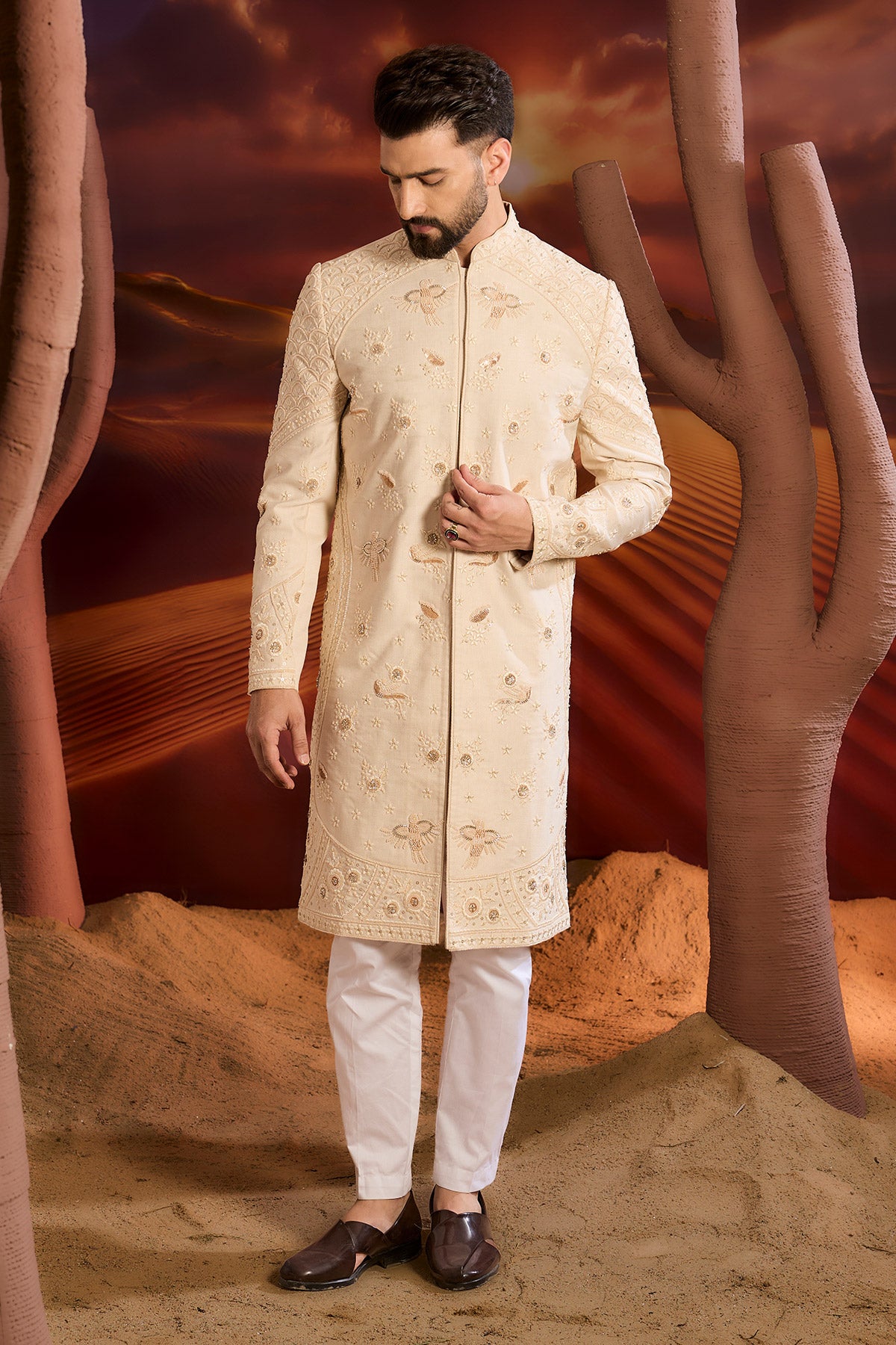 Beige Hand Embrodried Sherwani Woith Delicate Cut Dana And Floral Setup