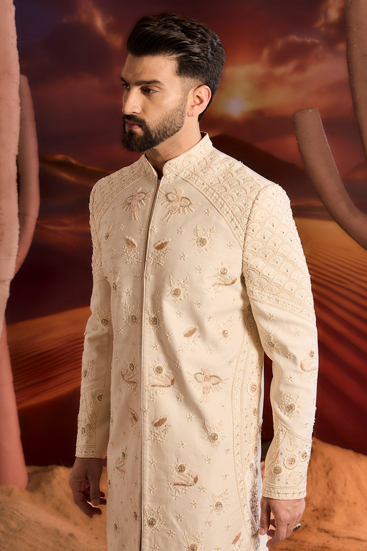 Beige Hand Embrodried Sherwani Woith Delicate Cut Dana And Floral Setup