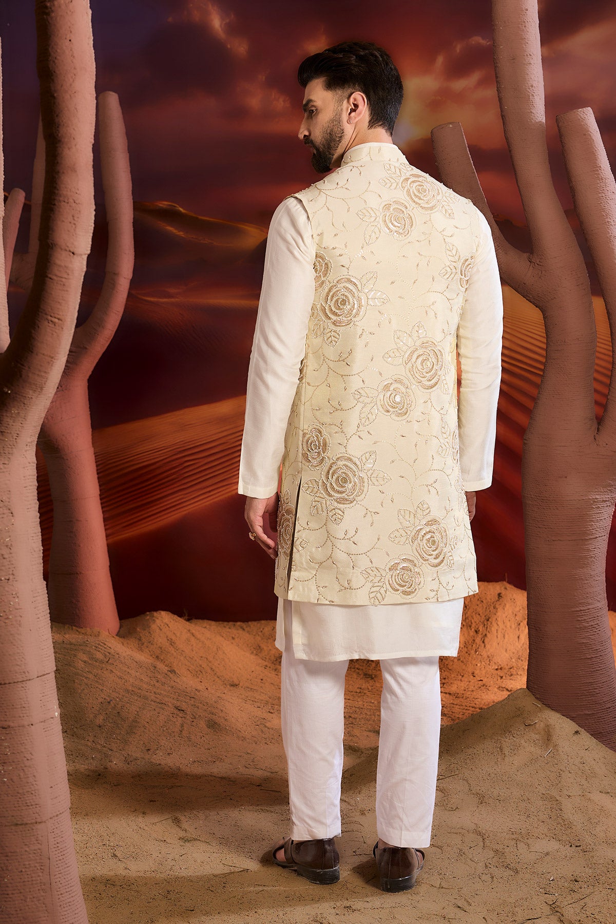 Golden Long Open Shrug With Floral Embrodiery