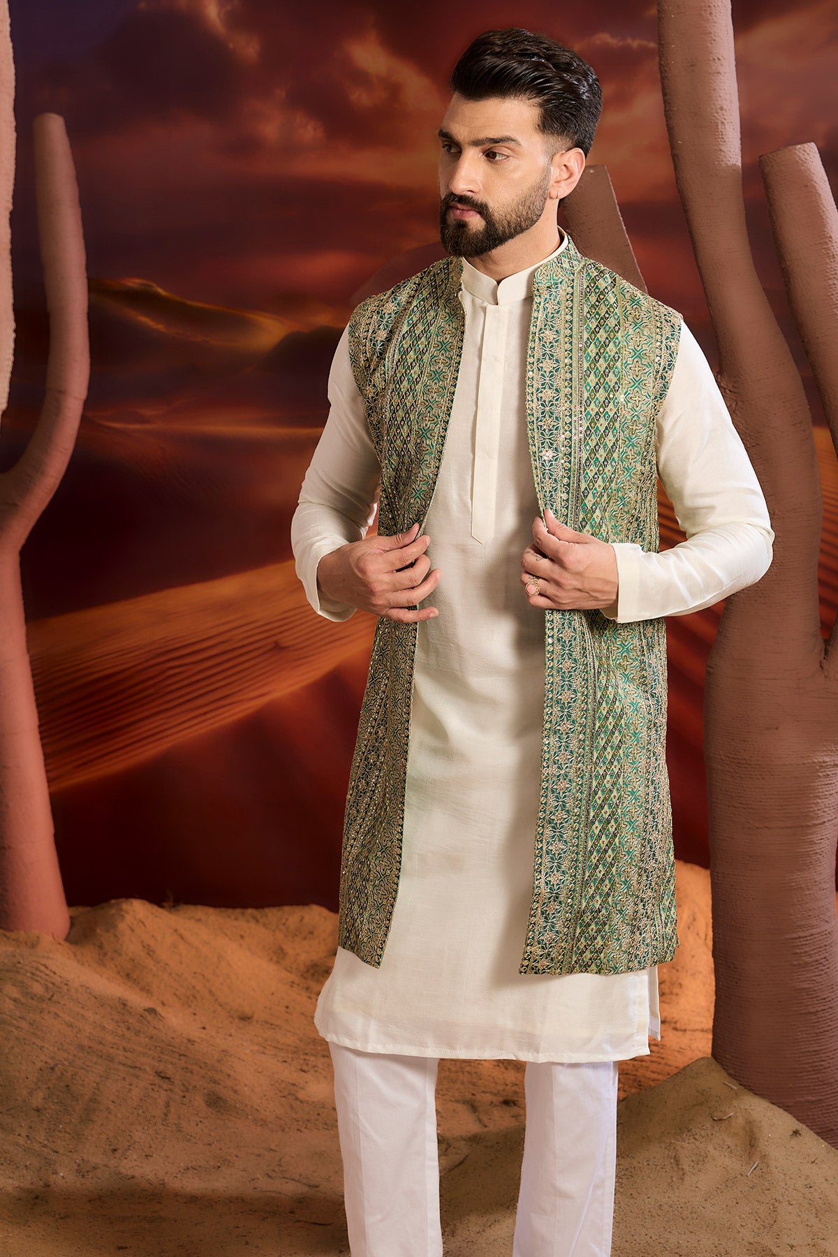 Bottle  Green Sequined Long Open Jacket With Intricate Zari Work