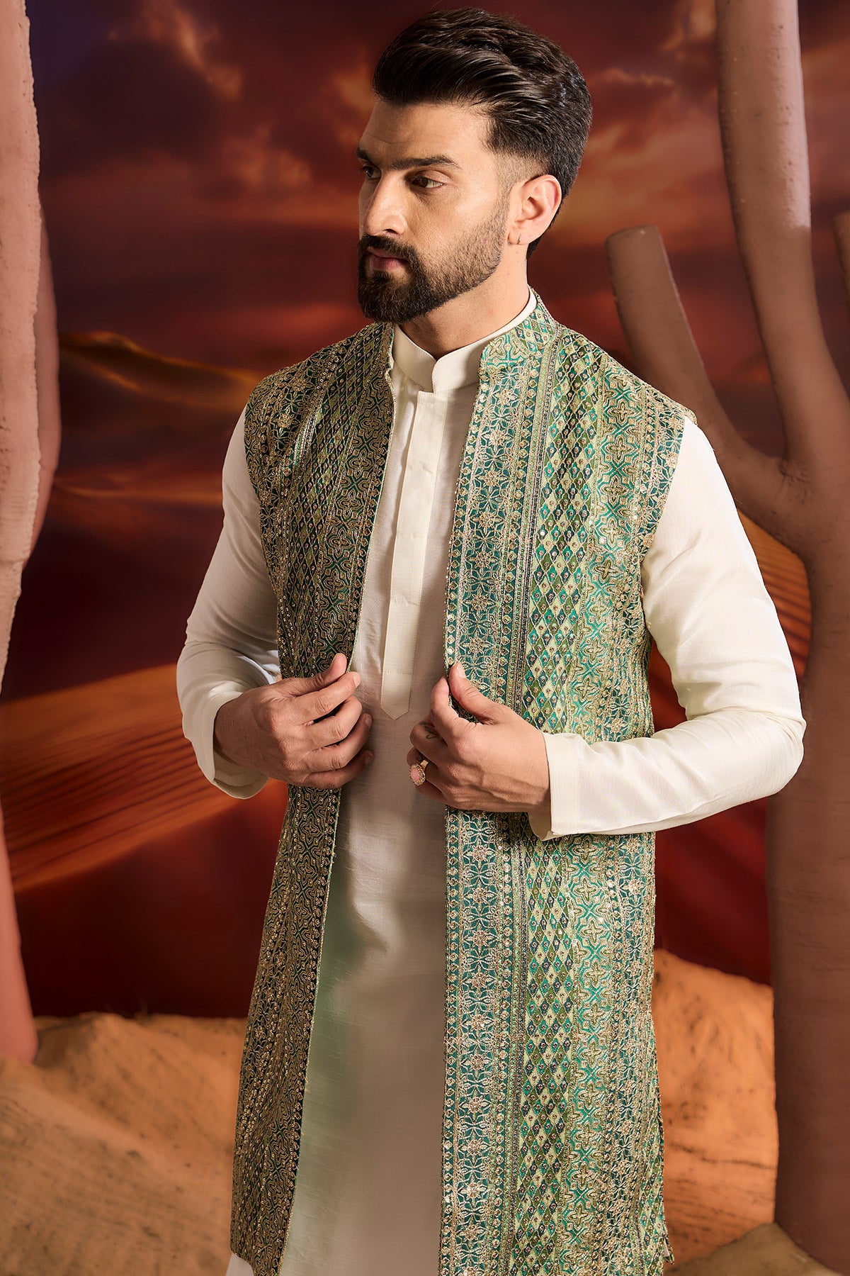 Bottle  Green Sequined Long Open Jacket With Intricate Zari Work