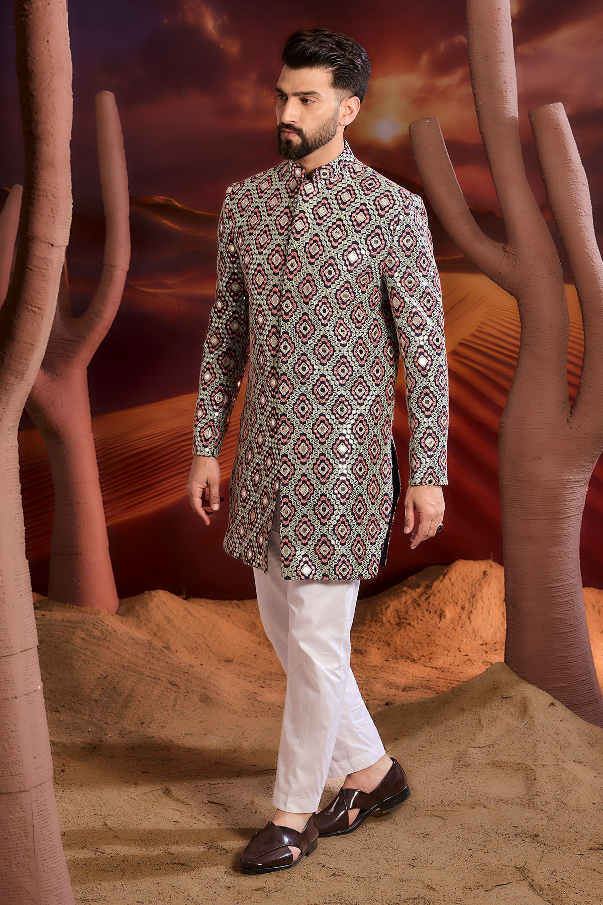Blue Mirror Work Royal Cut Indowestern