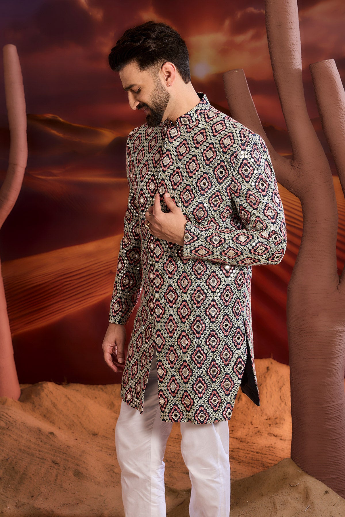 Blue Mirror Work Royal Cut Indowestern