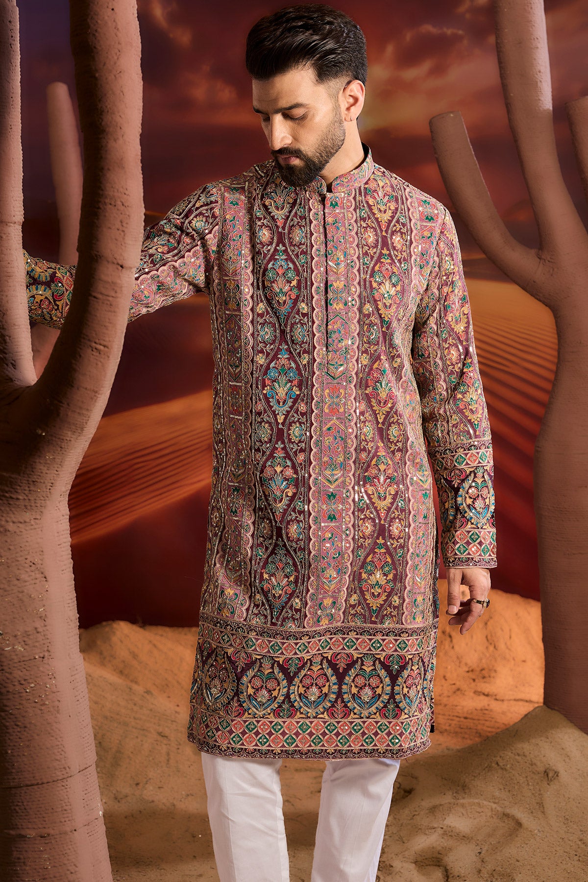 Purple Floral Kurta With Intricate Multi Thread And Zari Work