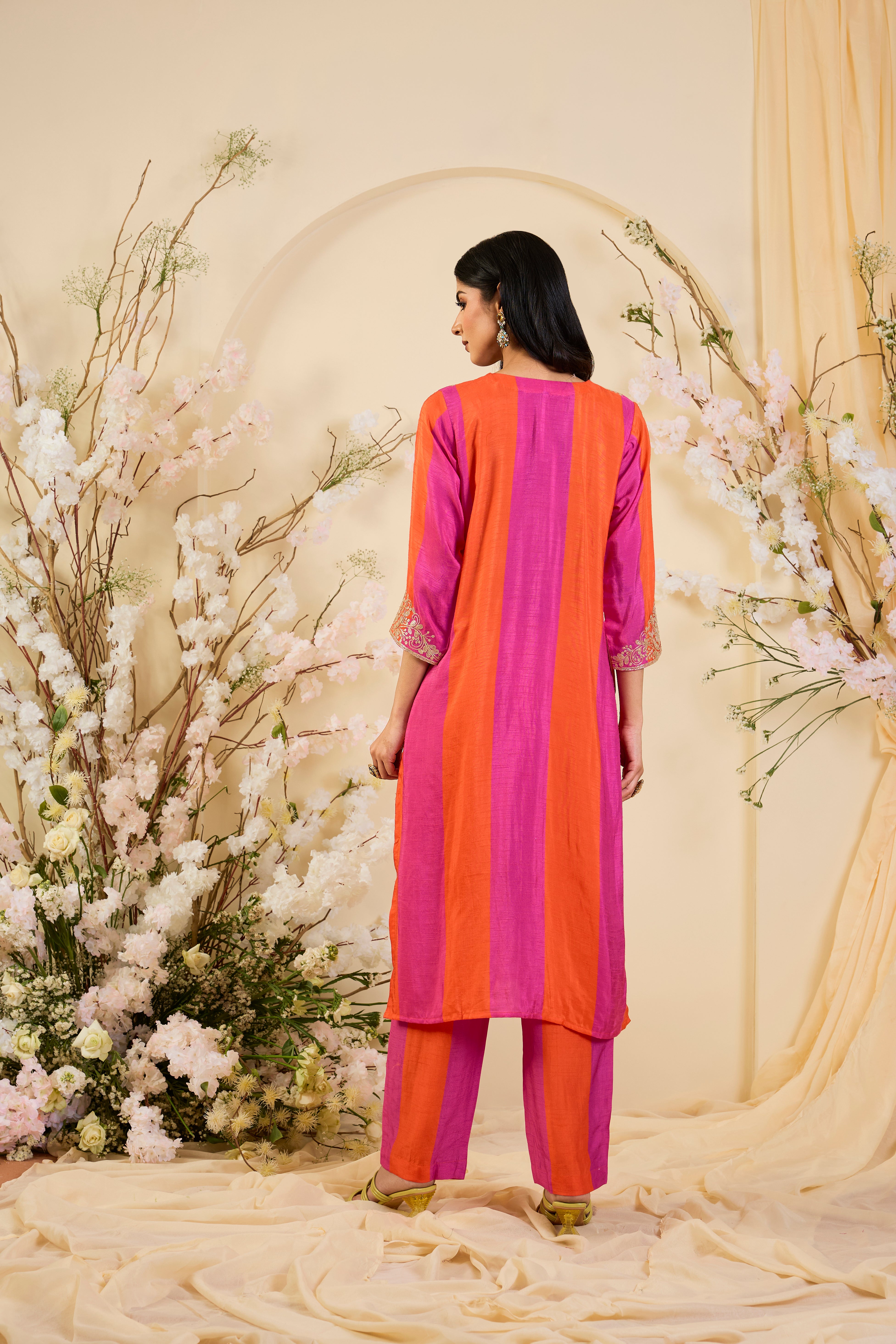 Rangrez Silk Kurta Set in Fuchsia & Vermilion