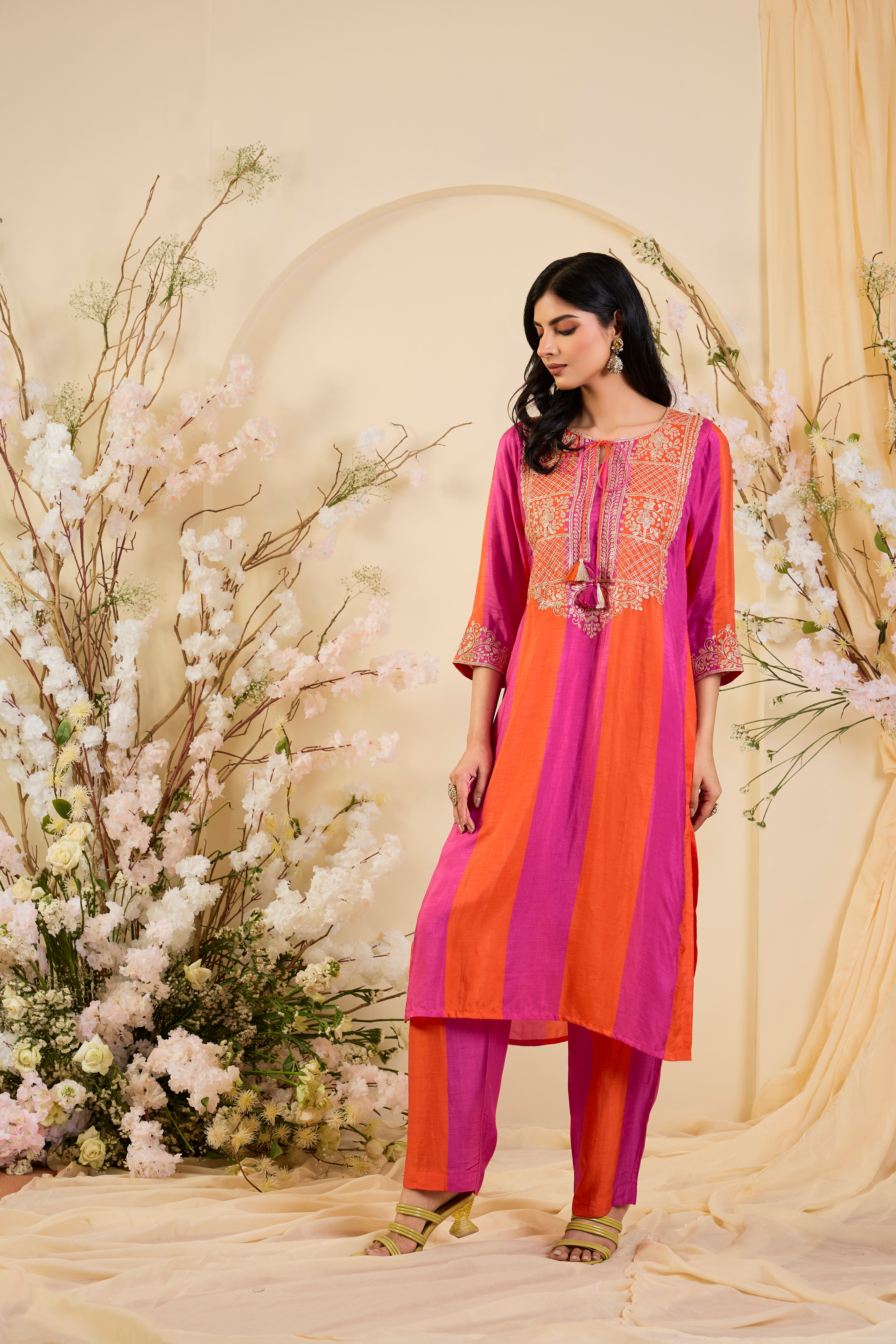 Rangrez Silk Kurta Set in Fuchsia & Vermilion