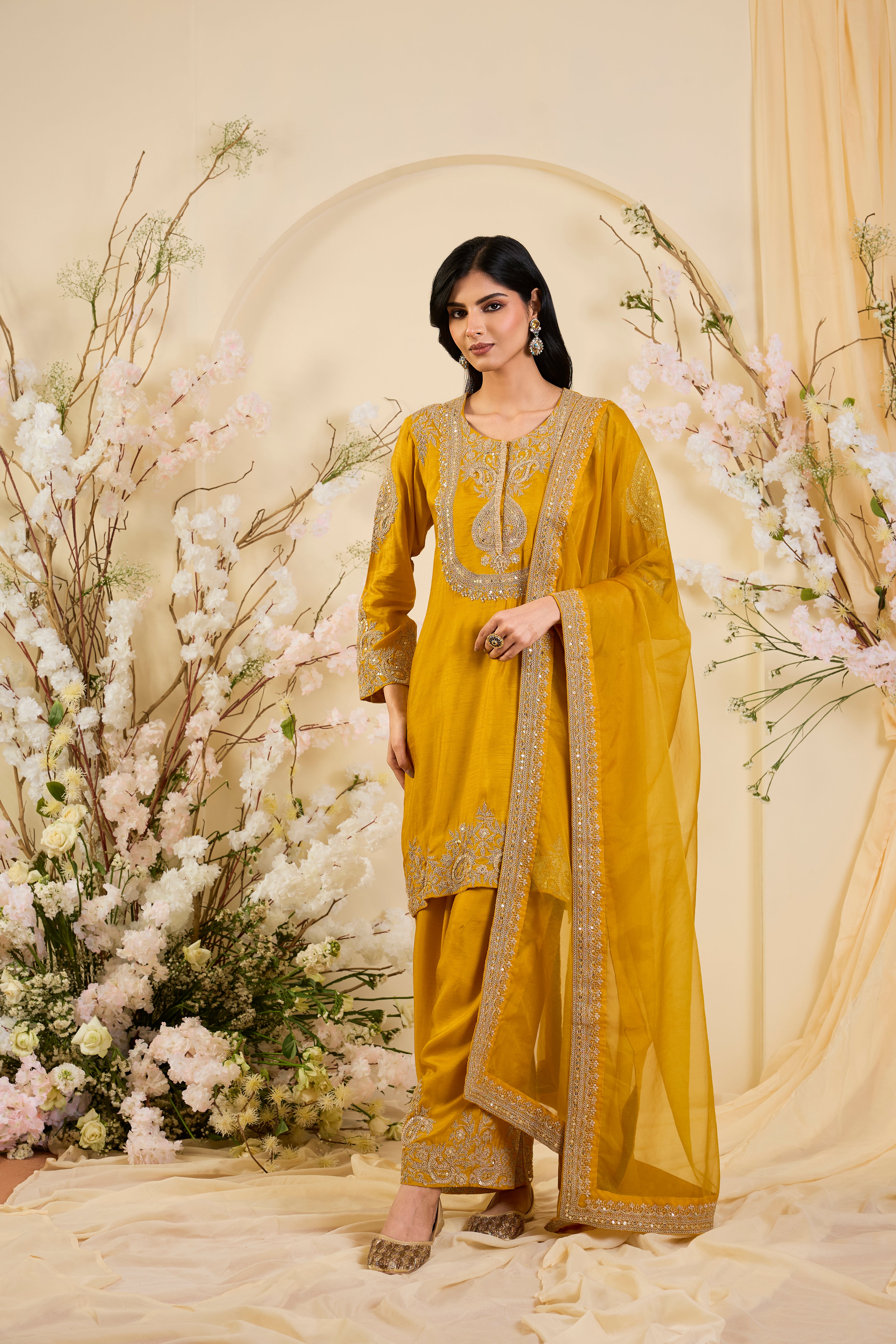Zehra Silk Ensemble in Saffron Gold
