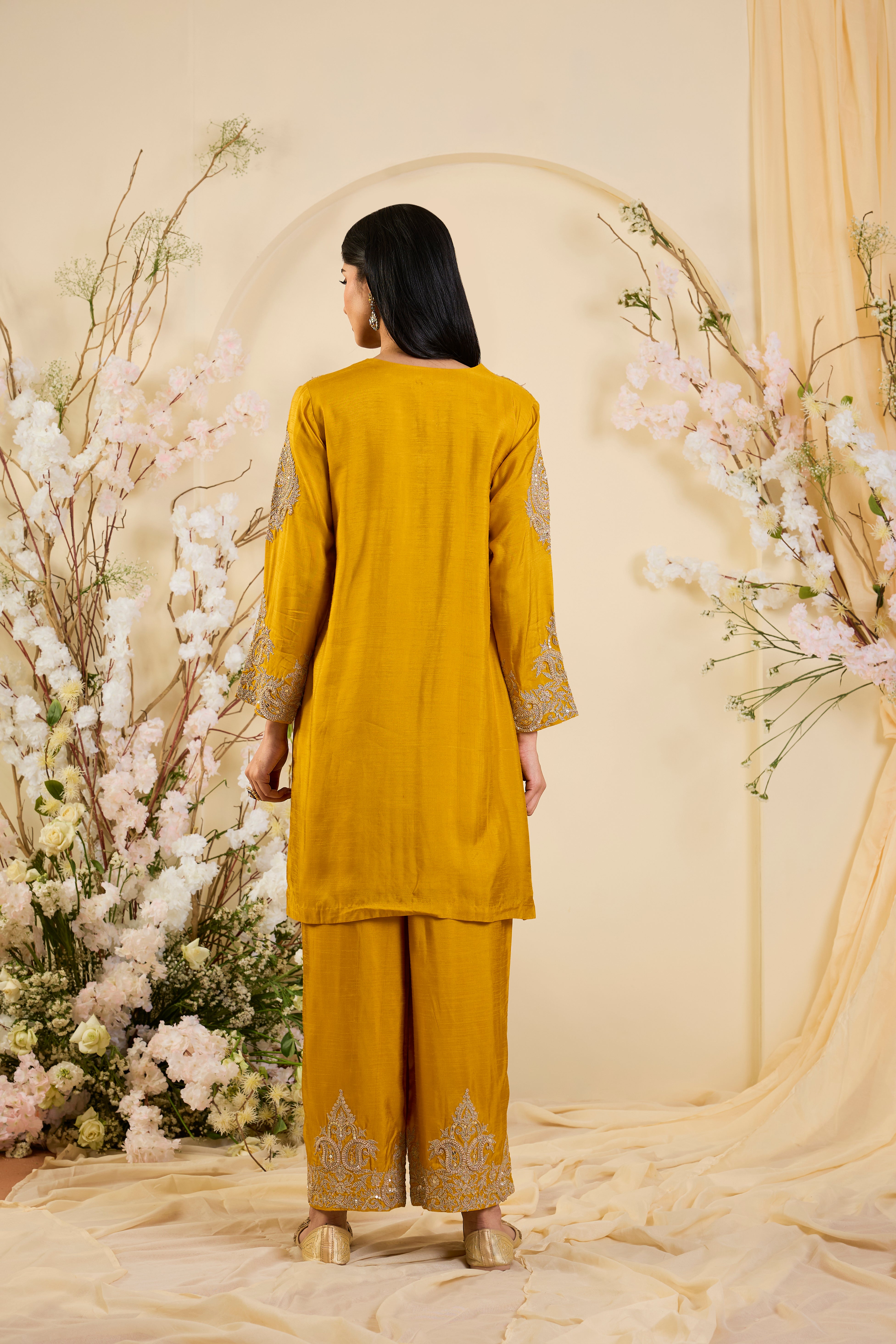 Zehra Silk Ensemble in Saffron Gold