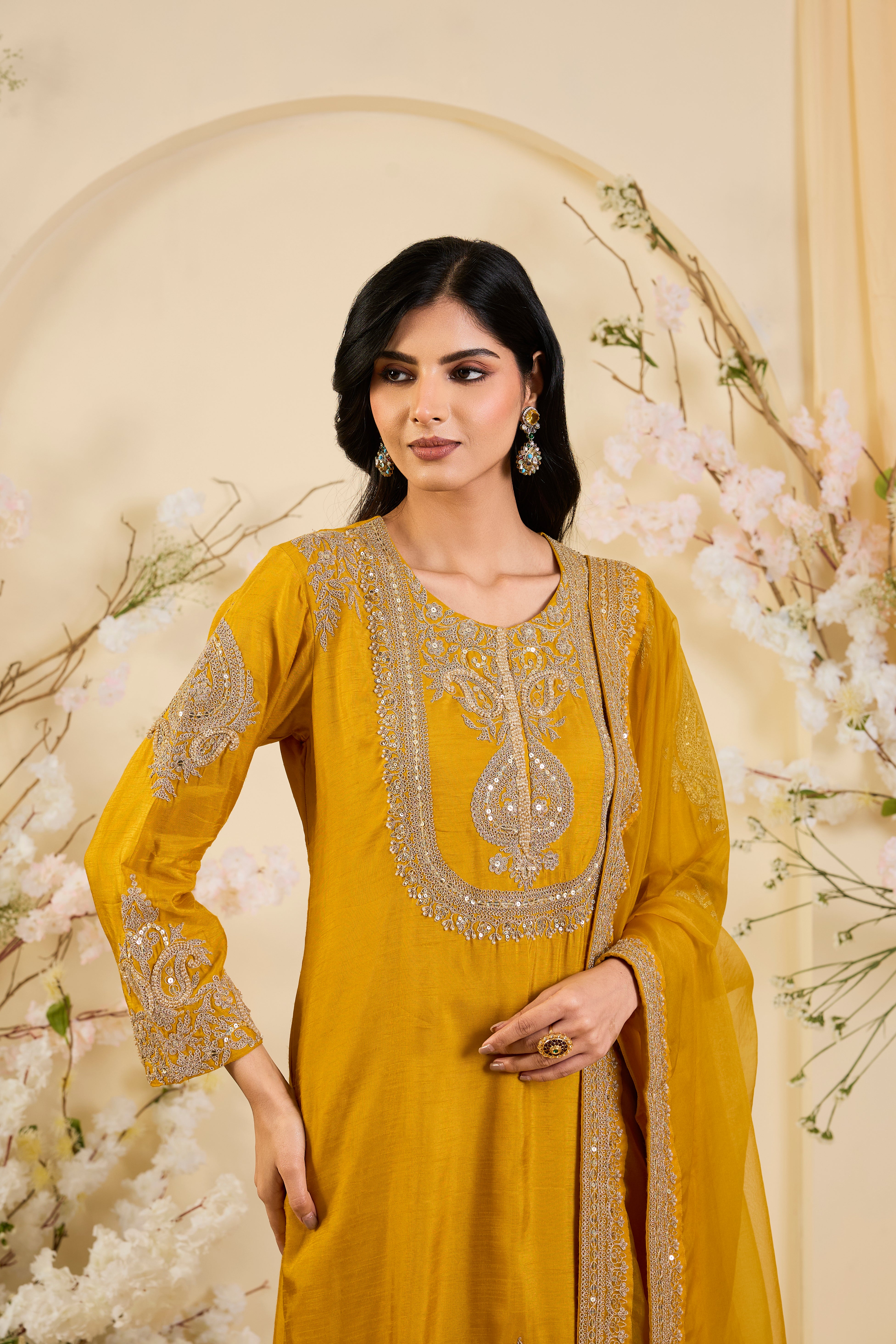 Zehra Silk Ensemble in Saffron Gold