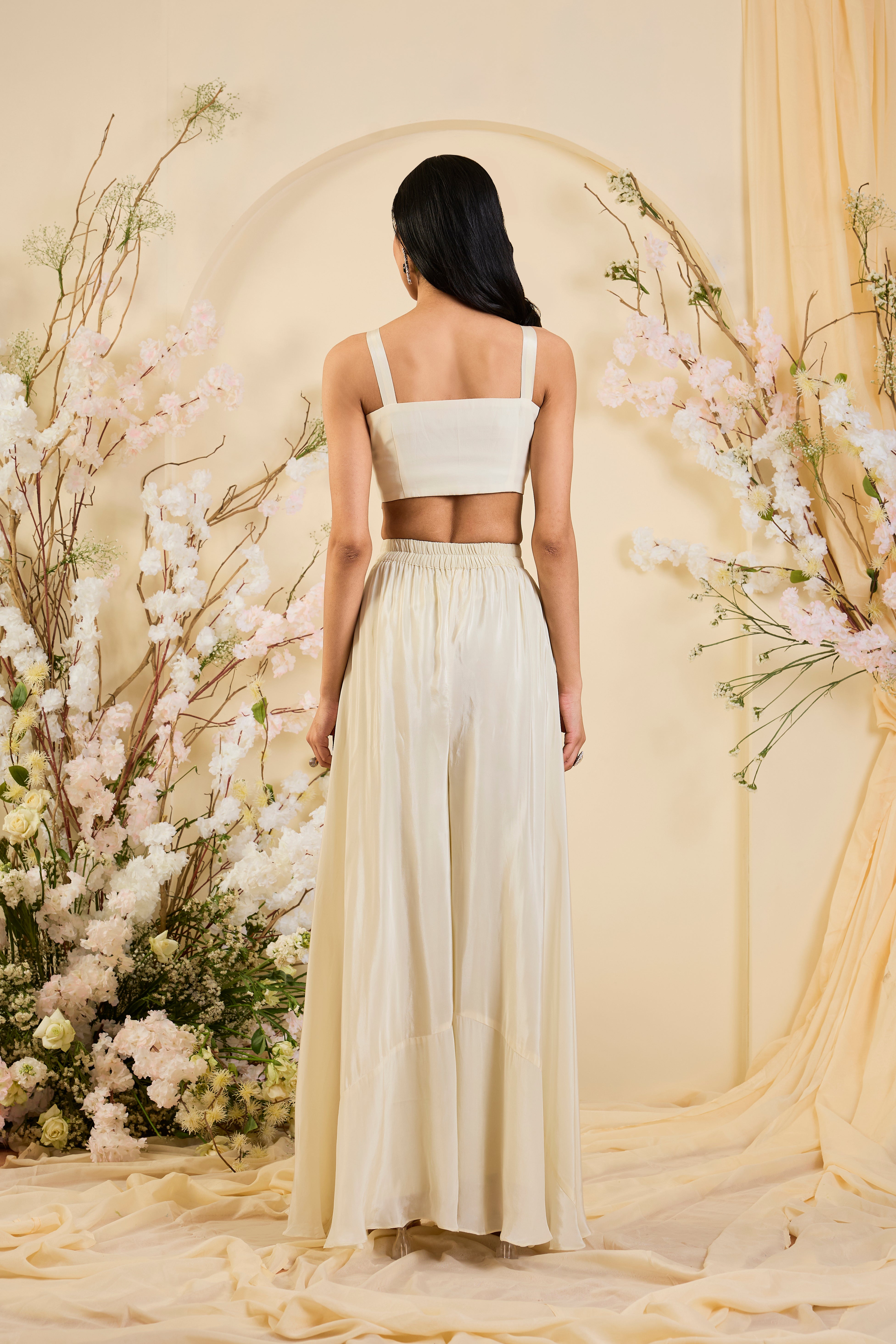 Ivory Palazzo Set with Intricately Embroidered Cropped Jacket in Multicolour Floral Zari & Sequin Work