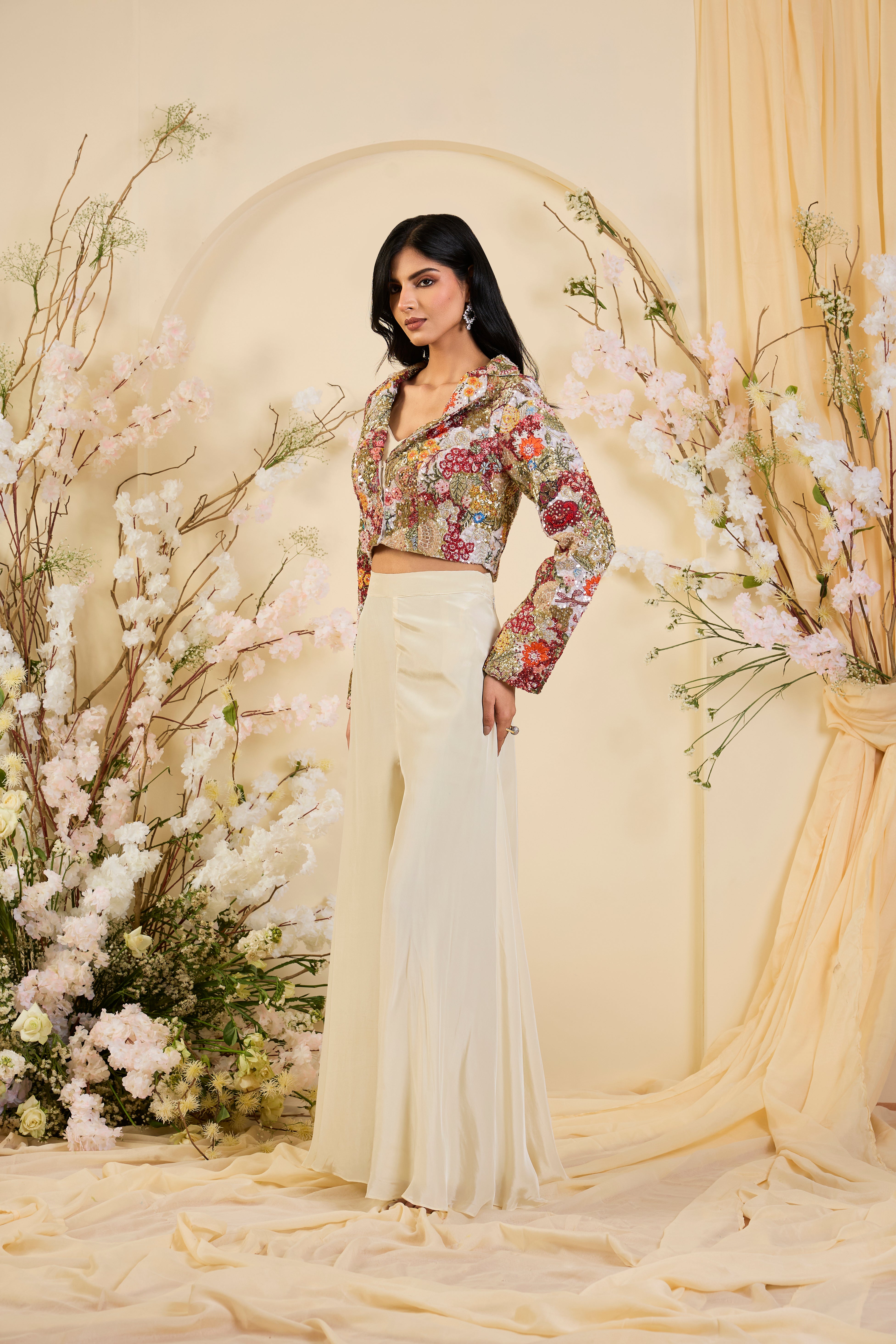 Ivory Palazzo Set with Intricately Embroidered Cropped Jacket in Multicolour Floral Zari & Sequin Work